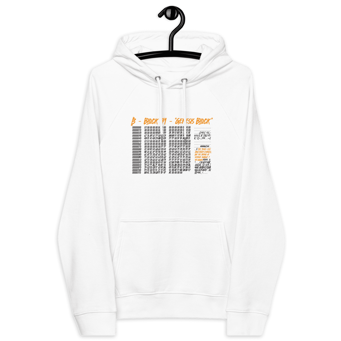 Front view of a white bitcoin hoodie.