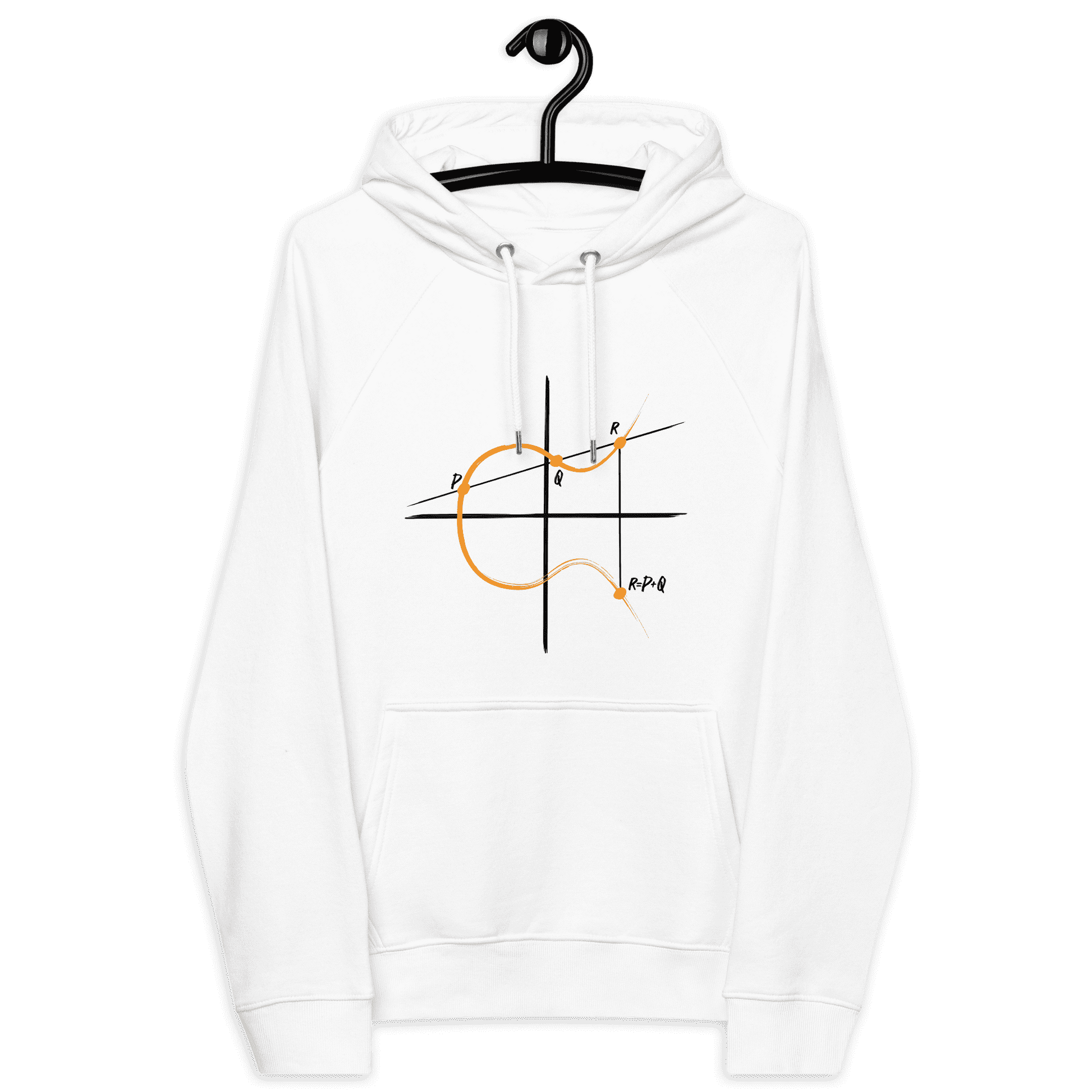 Front view of a white bitcoin hoodie.