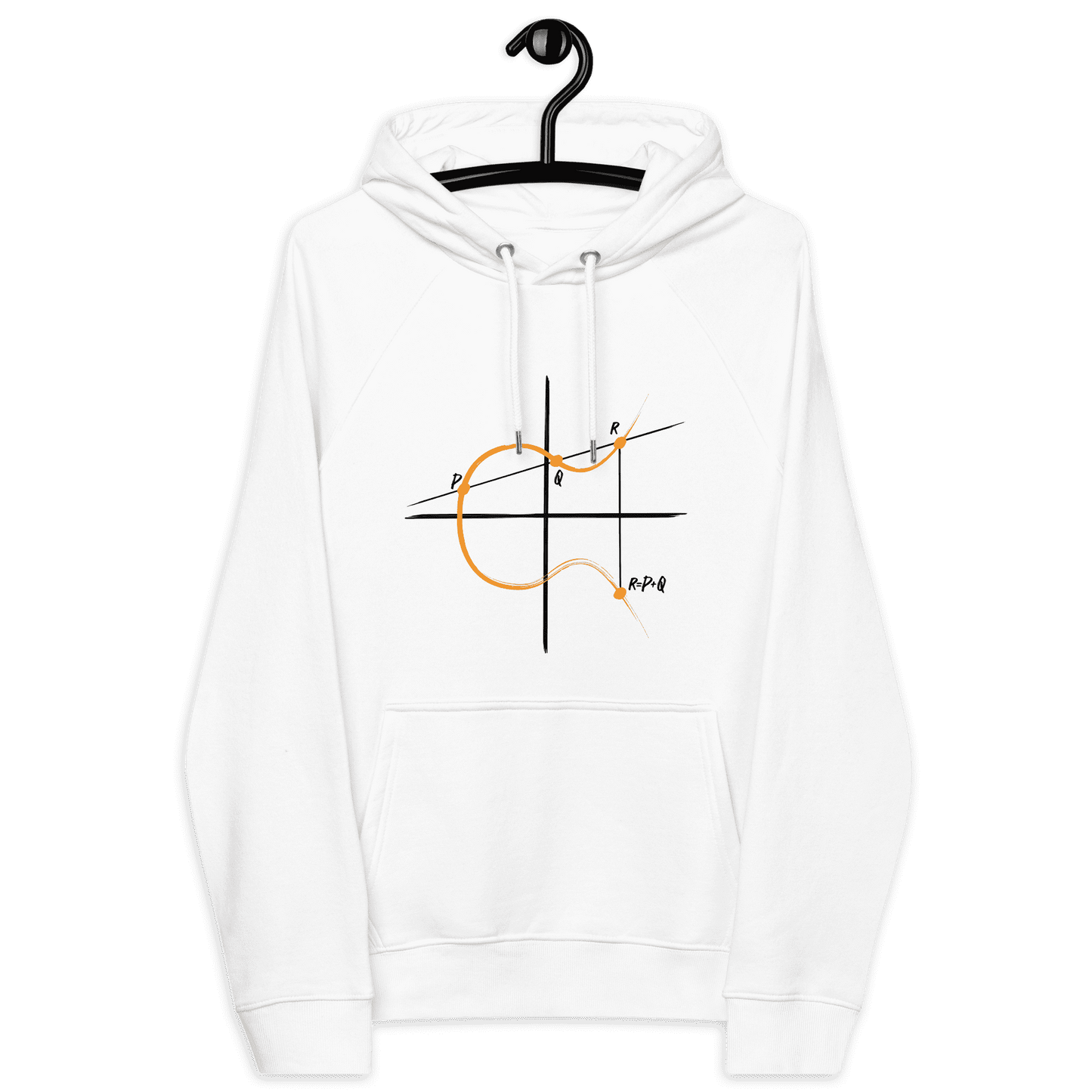 Front view of a white bitcoin hoodie.