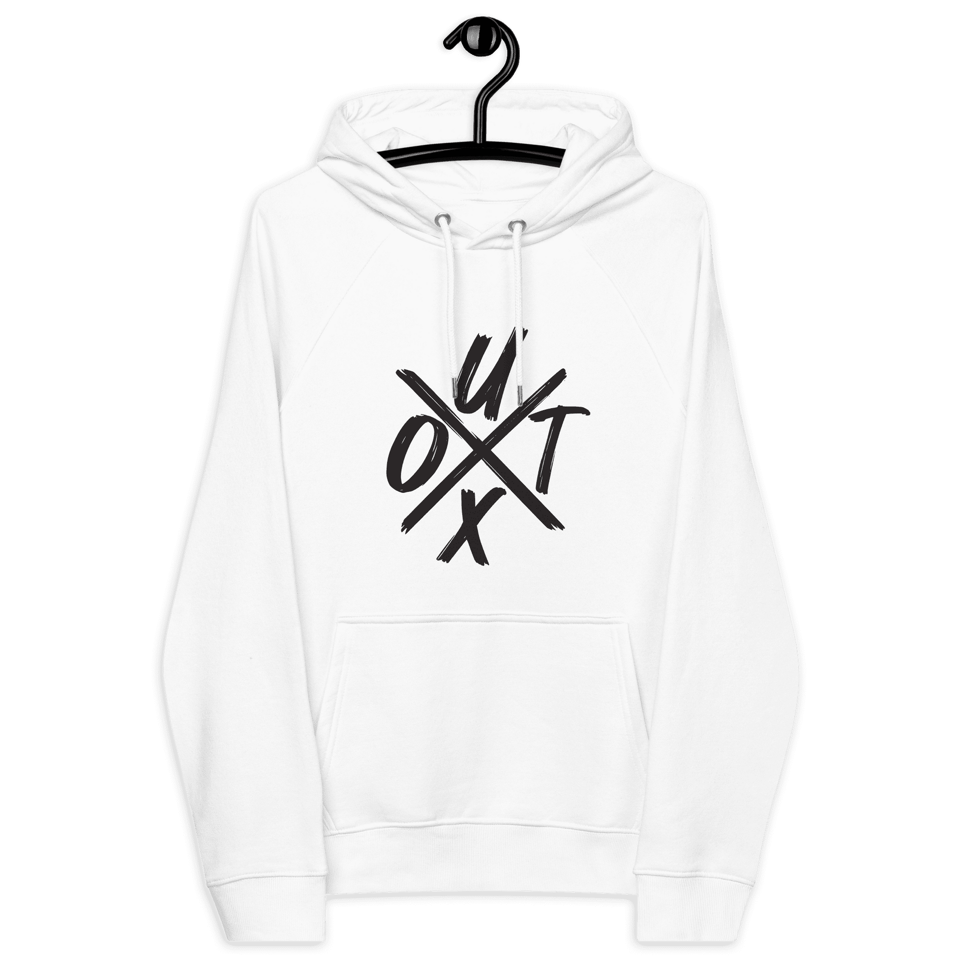 Front view of a white bitcoin hoodie.
