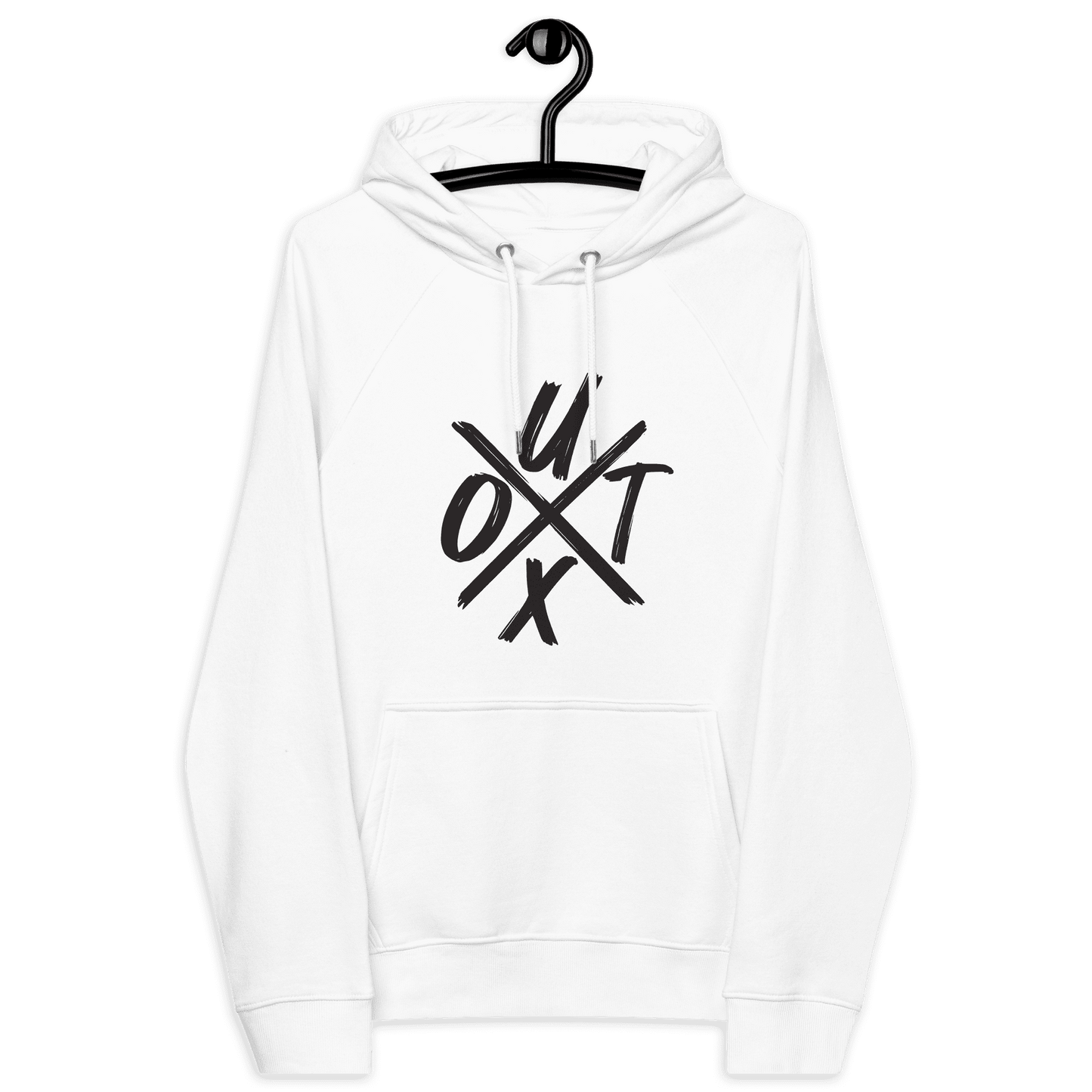 Certification logos for eco-friendly and ethical standards on UTXO Eco Raglan Bitcoin Hoodie