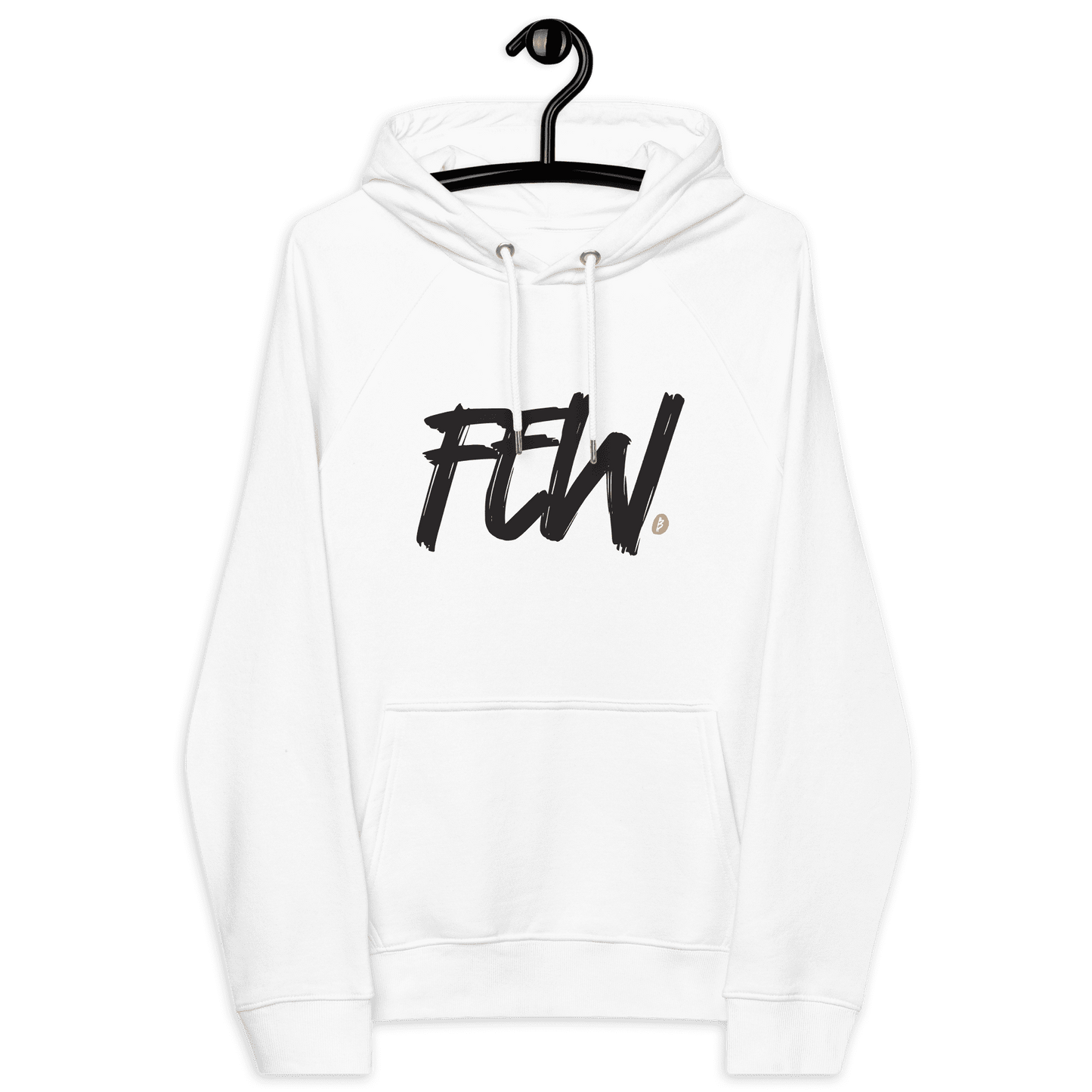 Front view of a white bitcoin hoodie.