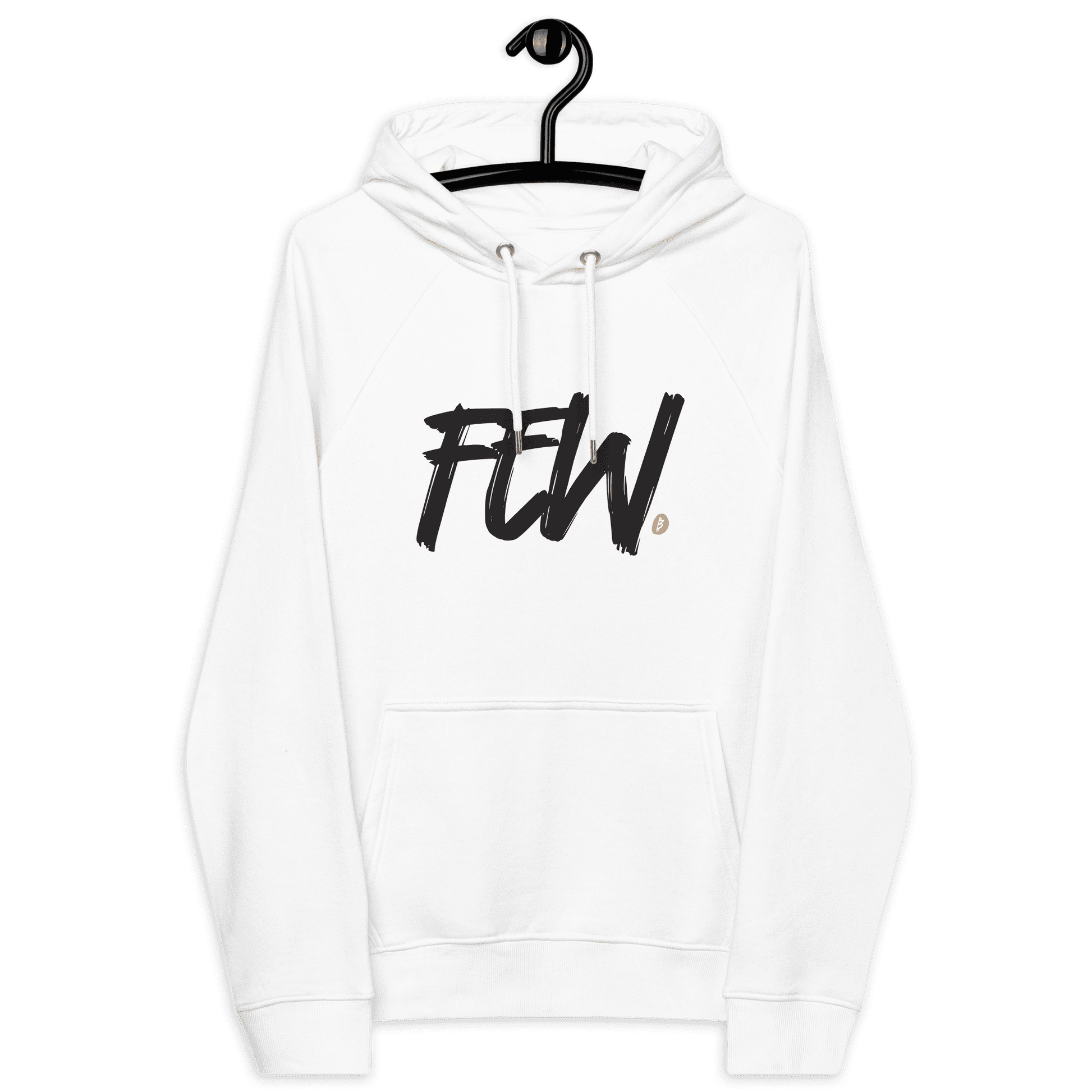 Front view of a white bitcoin hoodie.
