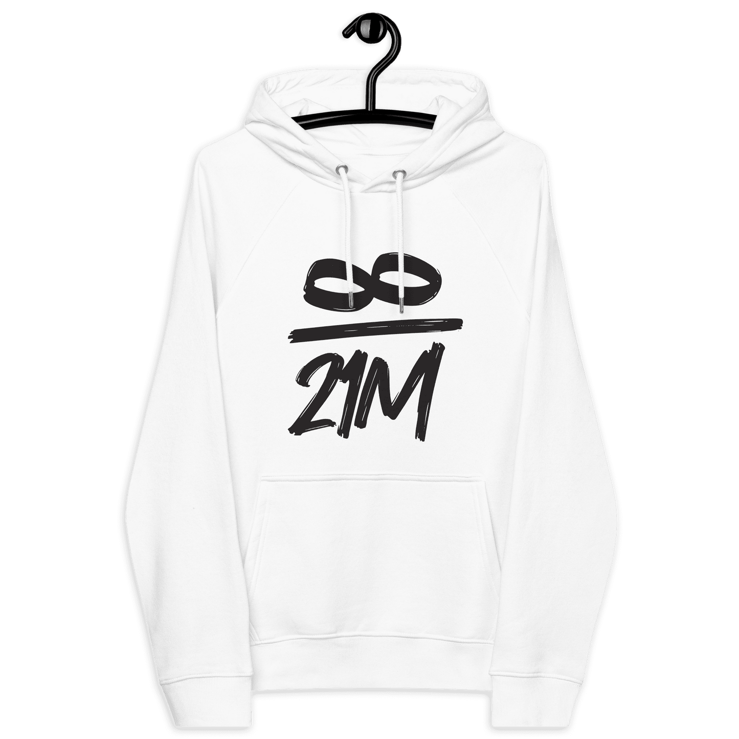 Eco-friendly Infinity 21M Bitcoin hoodie with multiple sustainability certifications