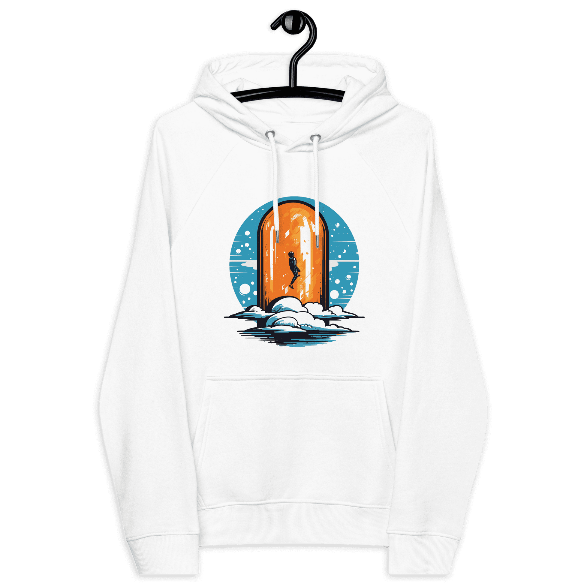 Front view of a white bitcoin hoodie.