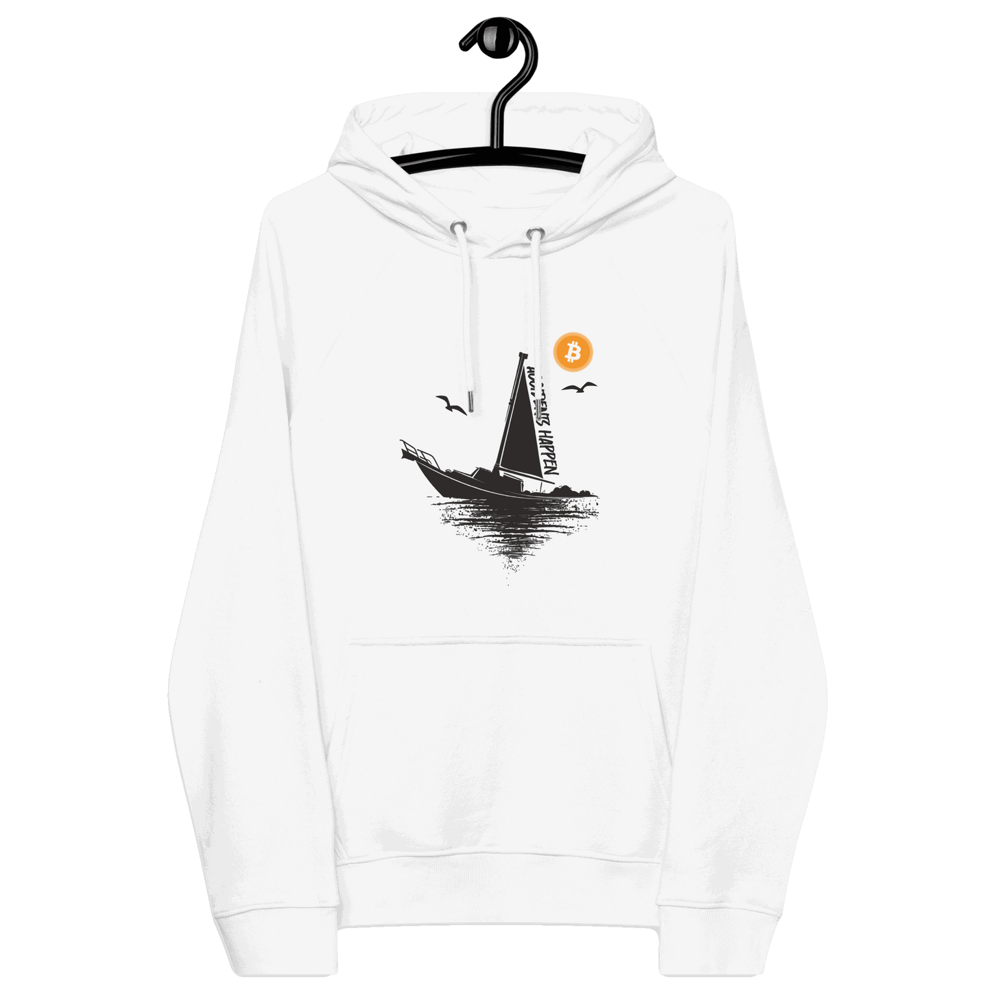 Eco Raglan Bitcoin Hoodie with boat accident meme and sustainable certifications logos