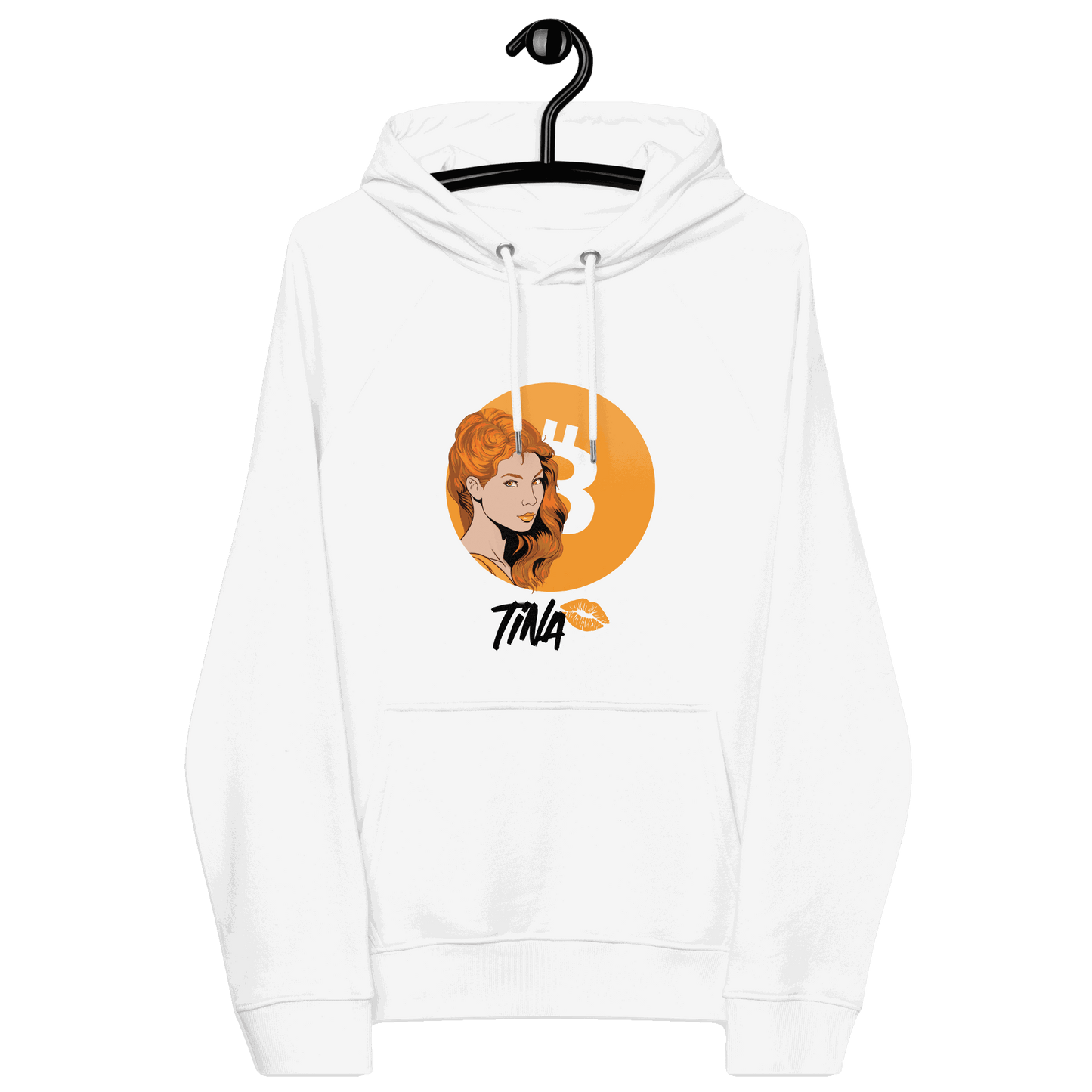 Eco-friendly TINA Bitcoin Hoodie with multiple sustainability certifications