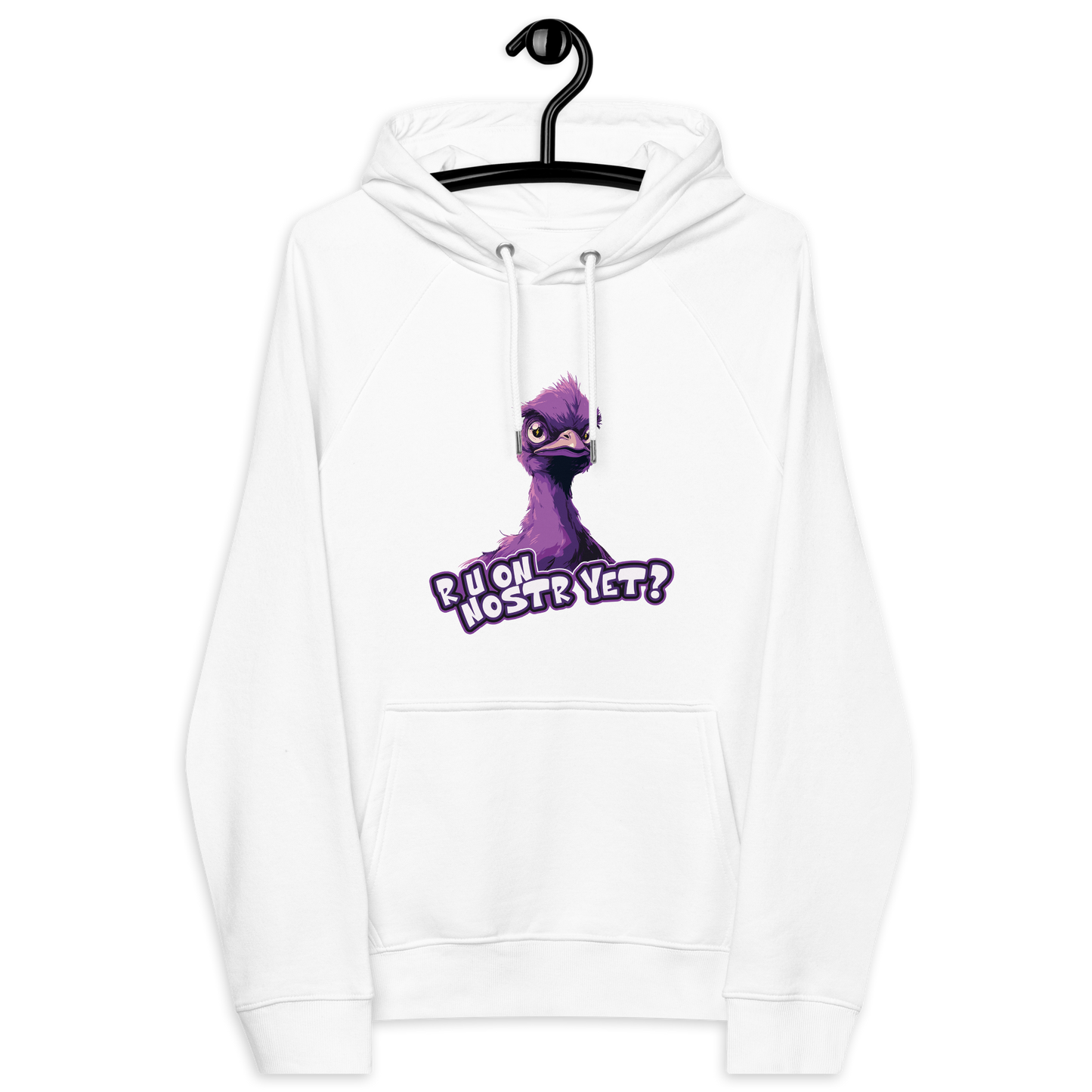 Front view of a white nostr hoodie.