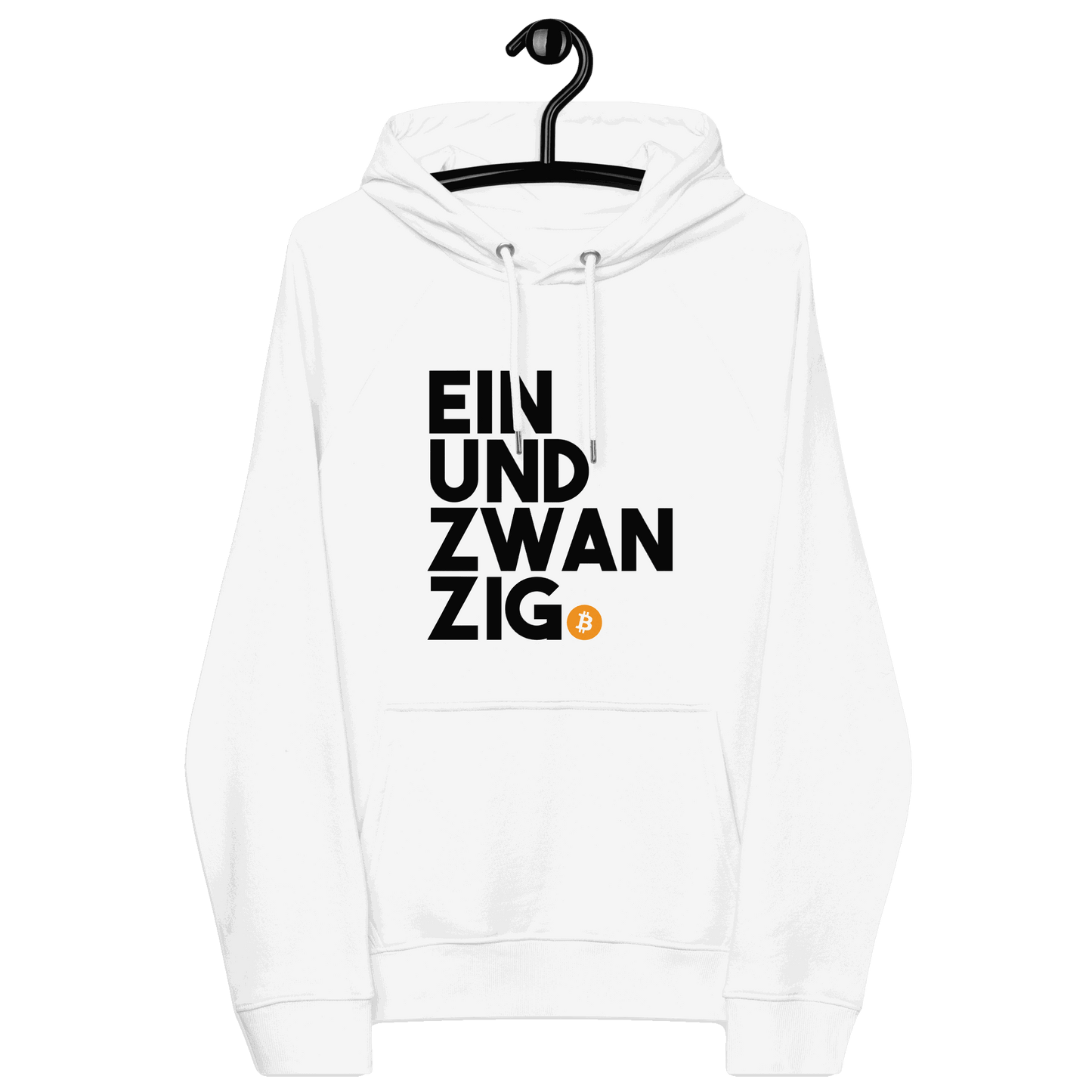Front view of a white bitcoin hoodie.