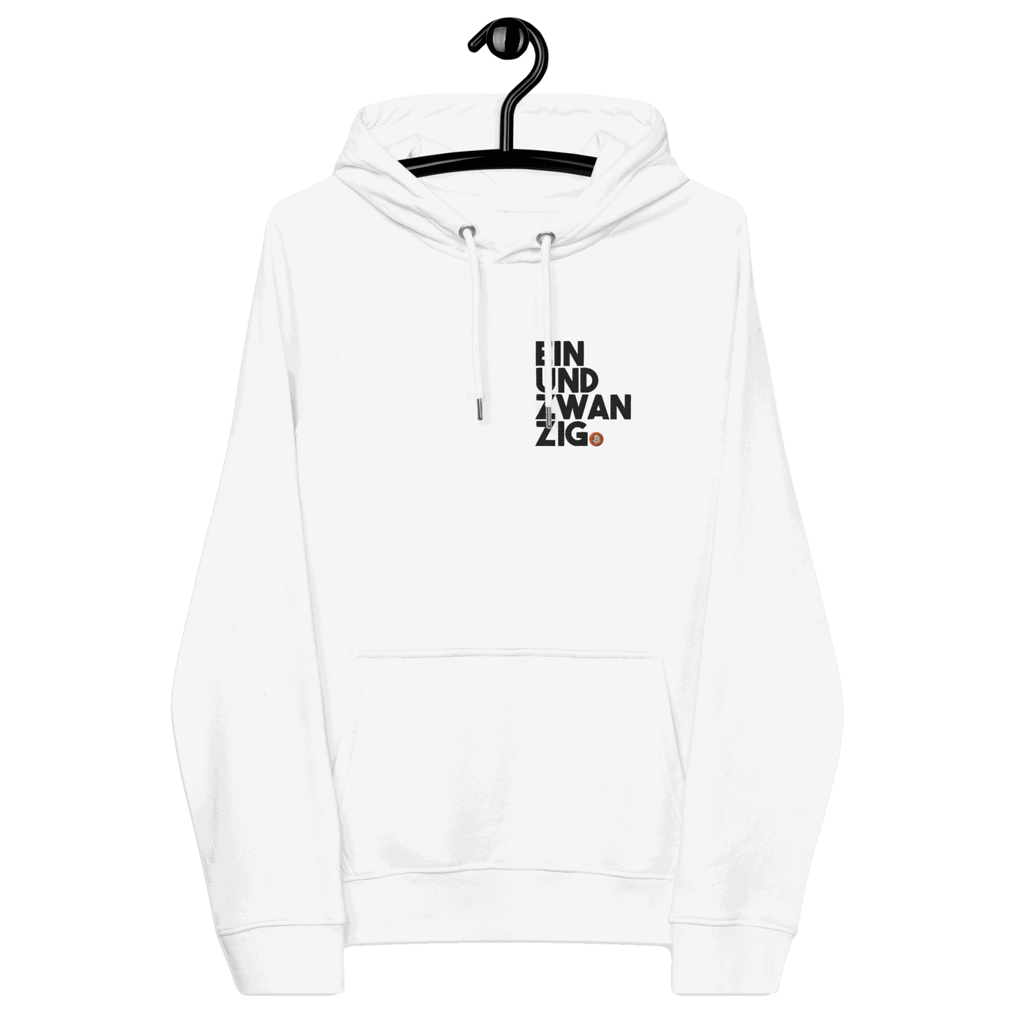 Certification logos for embroidered eco raglan Bitcoin hoodie from Einundzwanzig