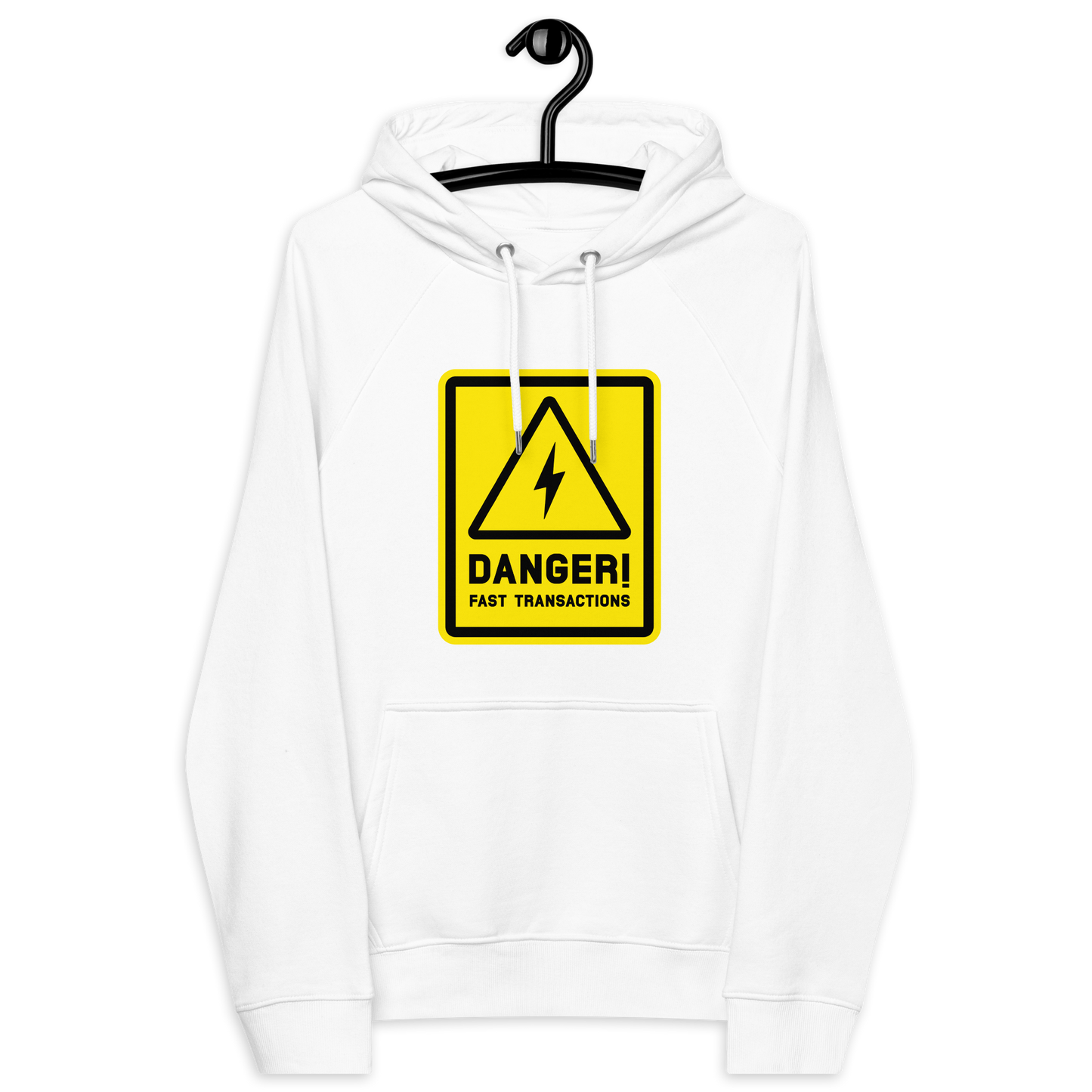 Front view of a white bitcoin hoodie.