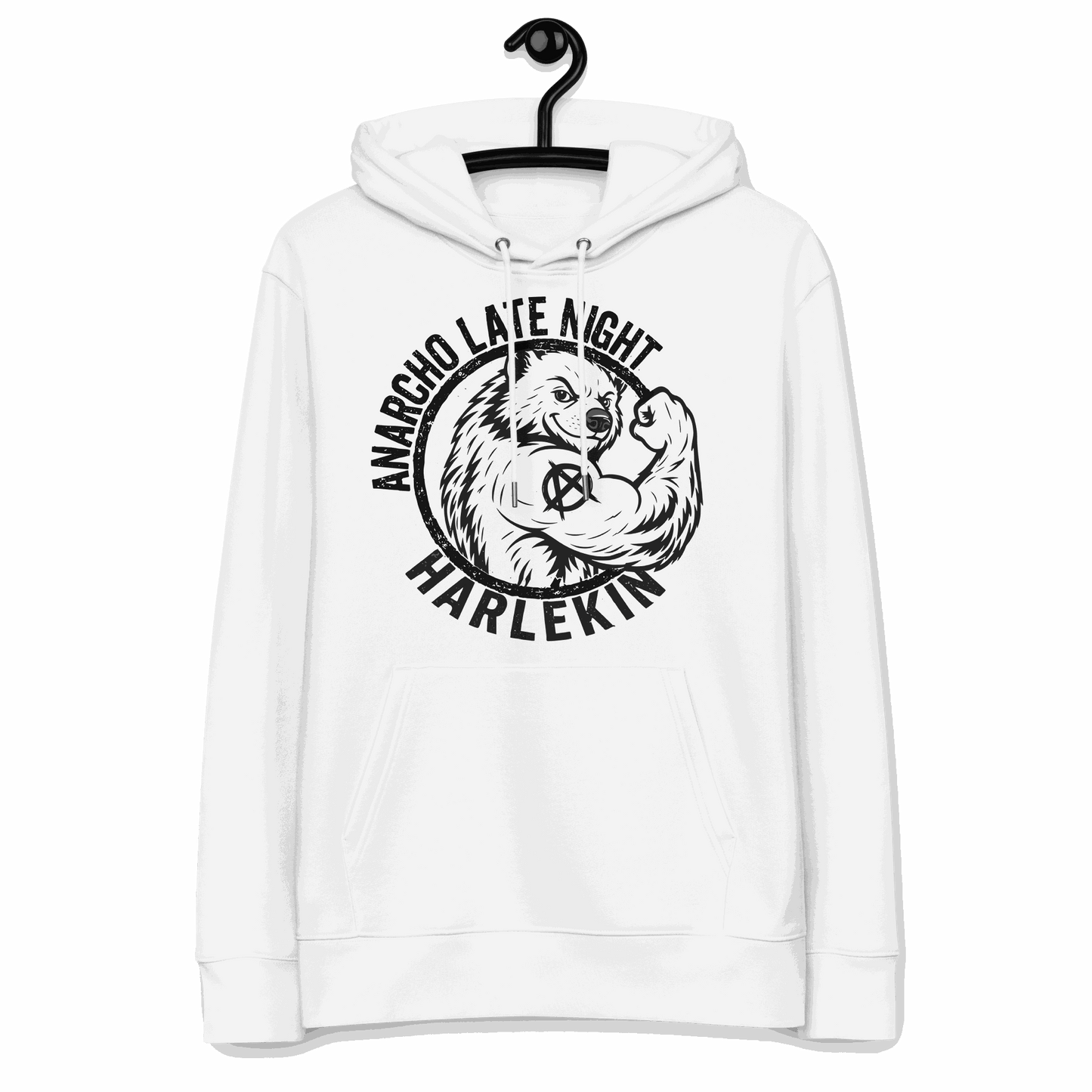 Anarcho Late Night unisex eco hoodie with eco-friendly and cruelty-free certification logos