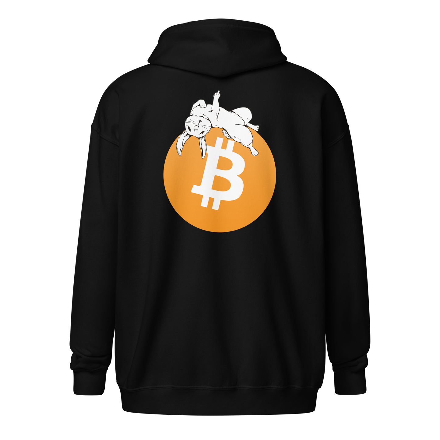 Back view of a black bitcoin zip hoodie.