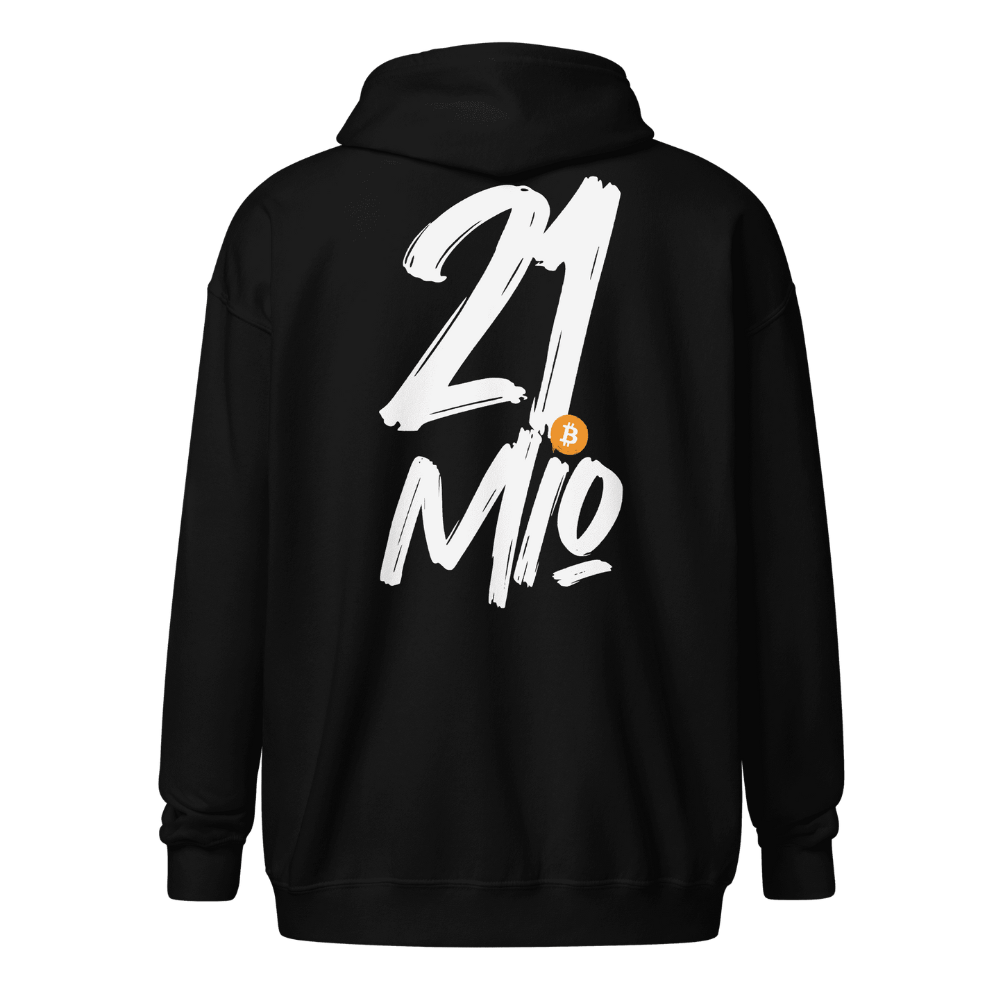 Back view of a black bitcoin zip hoodie.