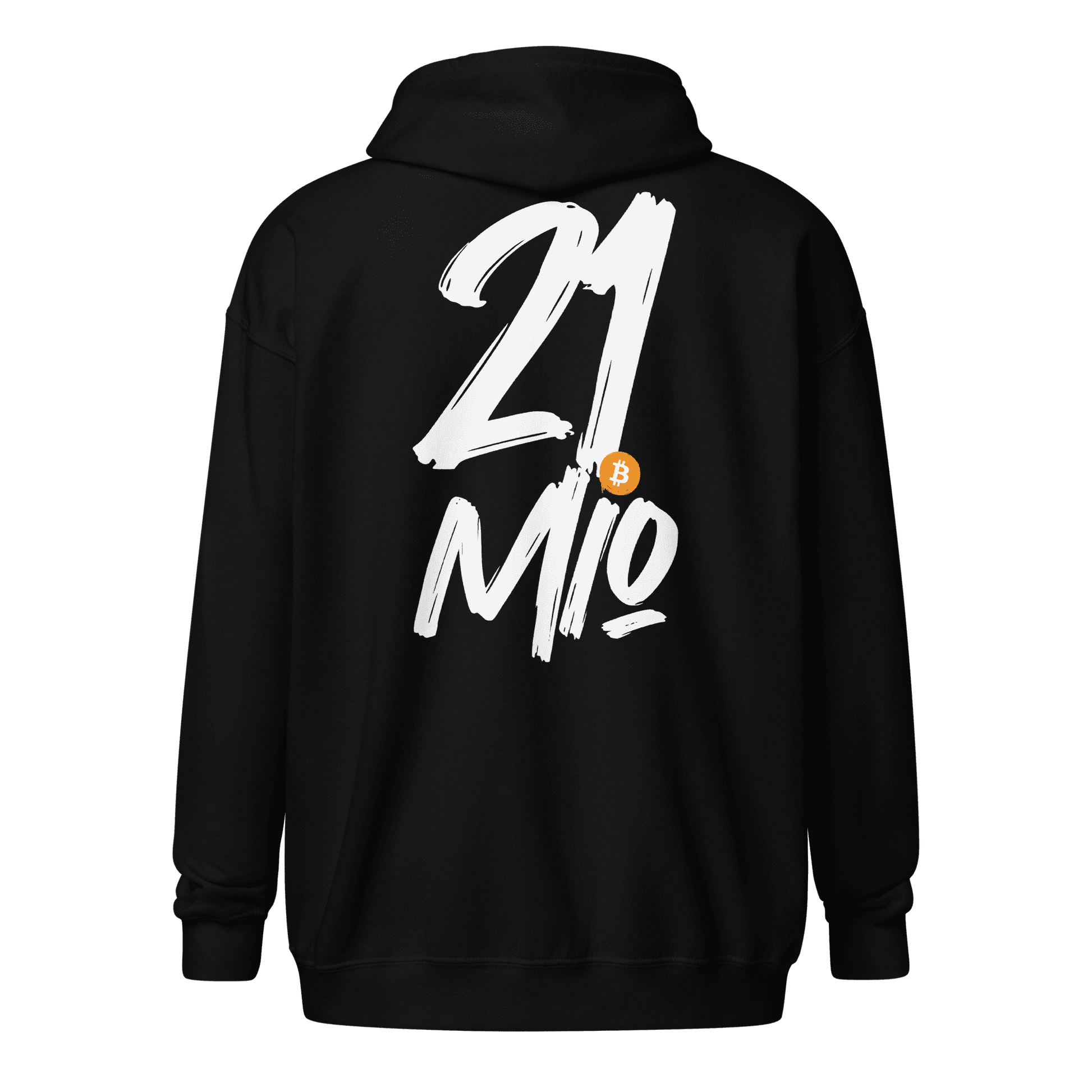 Back view of a black bitcoin zip hoodie.