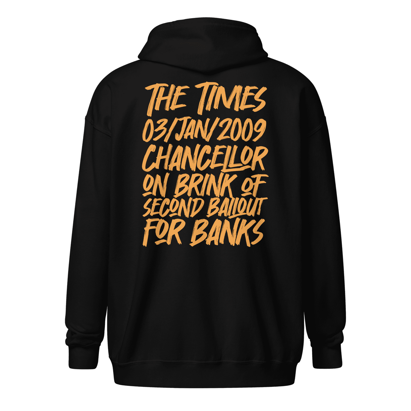 Back view of a black bitcoin zip hoodie.