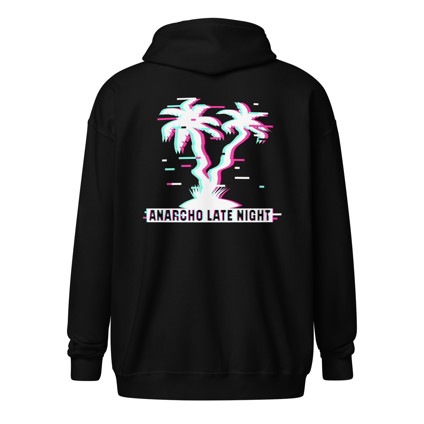 Back view of a black aln zip hoodie.
