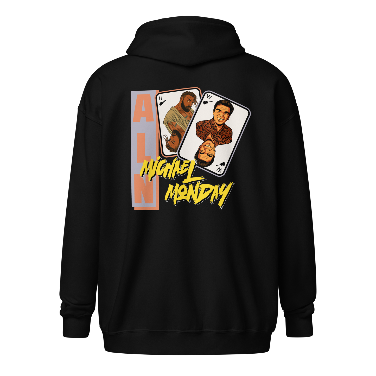 Back view of a black aln zip hoodie.