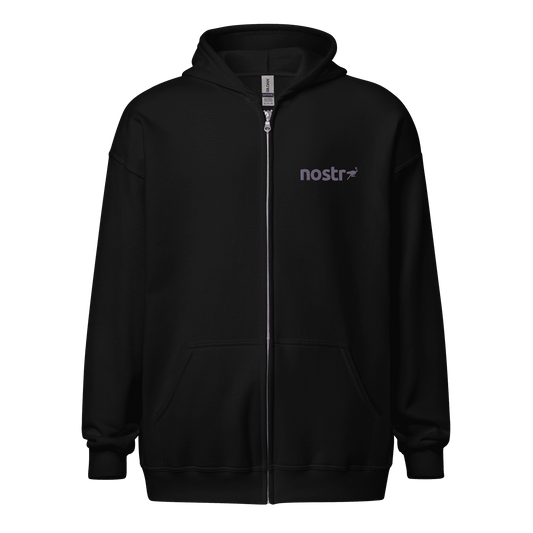 Front view of a black embroidered nostr zip hoodie.