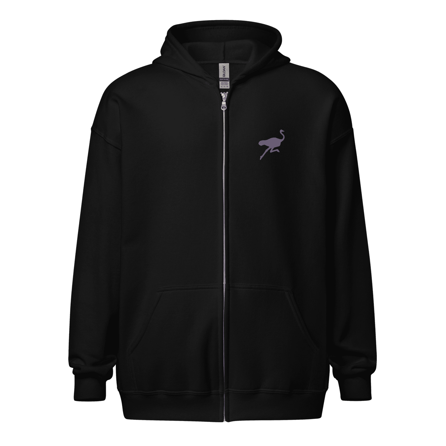 Front view of a black embroidered nostr zip hoodie.