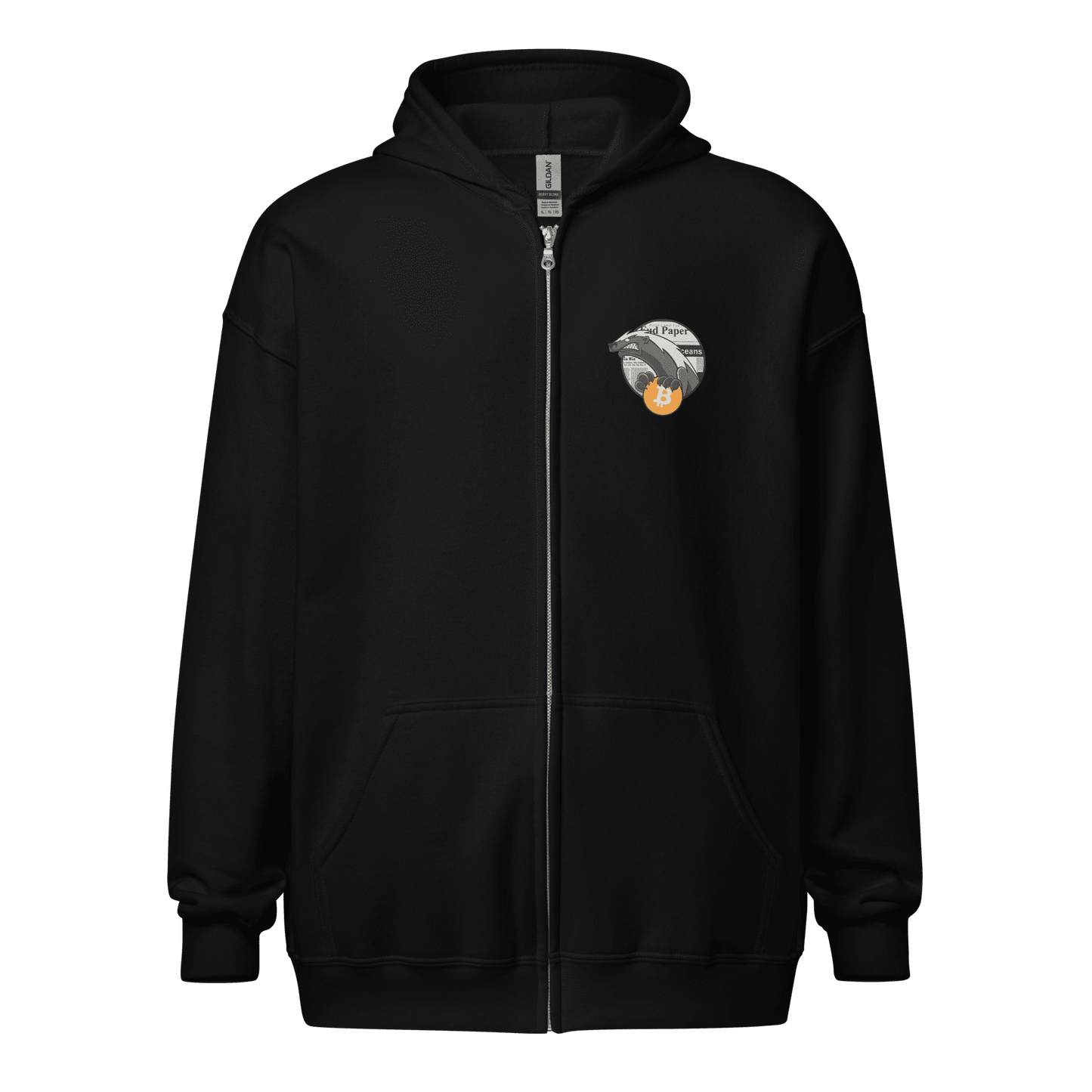 Front view of a black bitcoin zip hoodie.