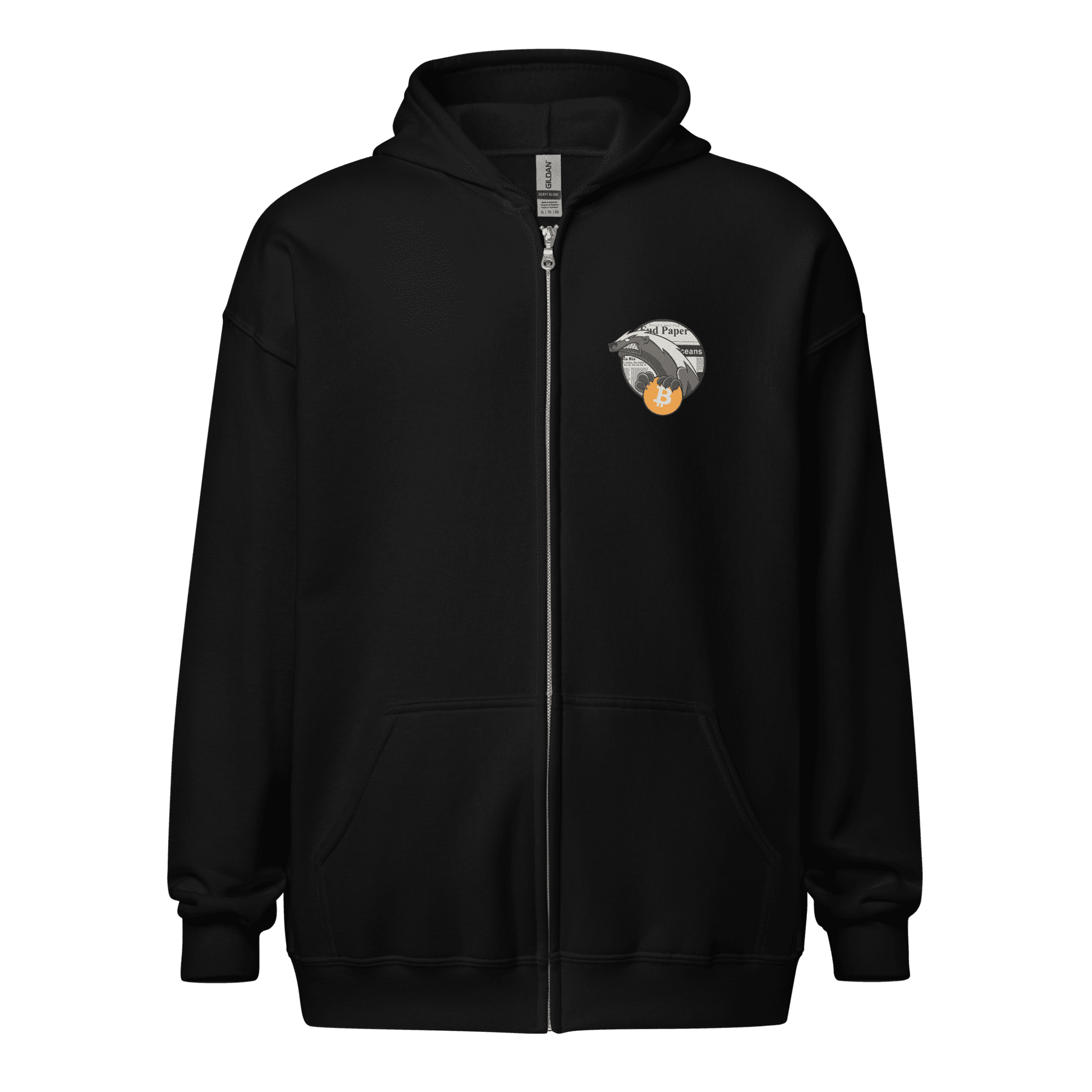 Front view of a black bitcoin zip hoodie.