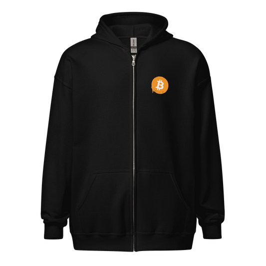 Front view of a black bitcoin zip hoodie.