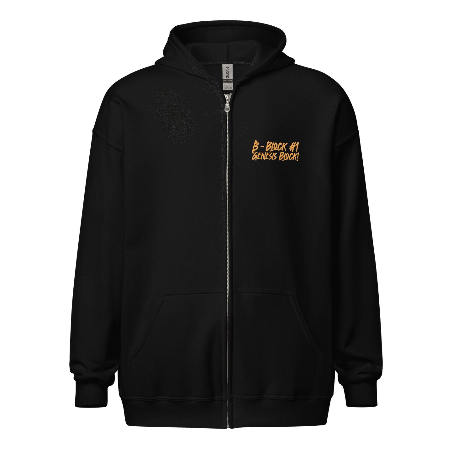 Front view of a black bitcoin zip hoodie.