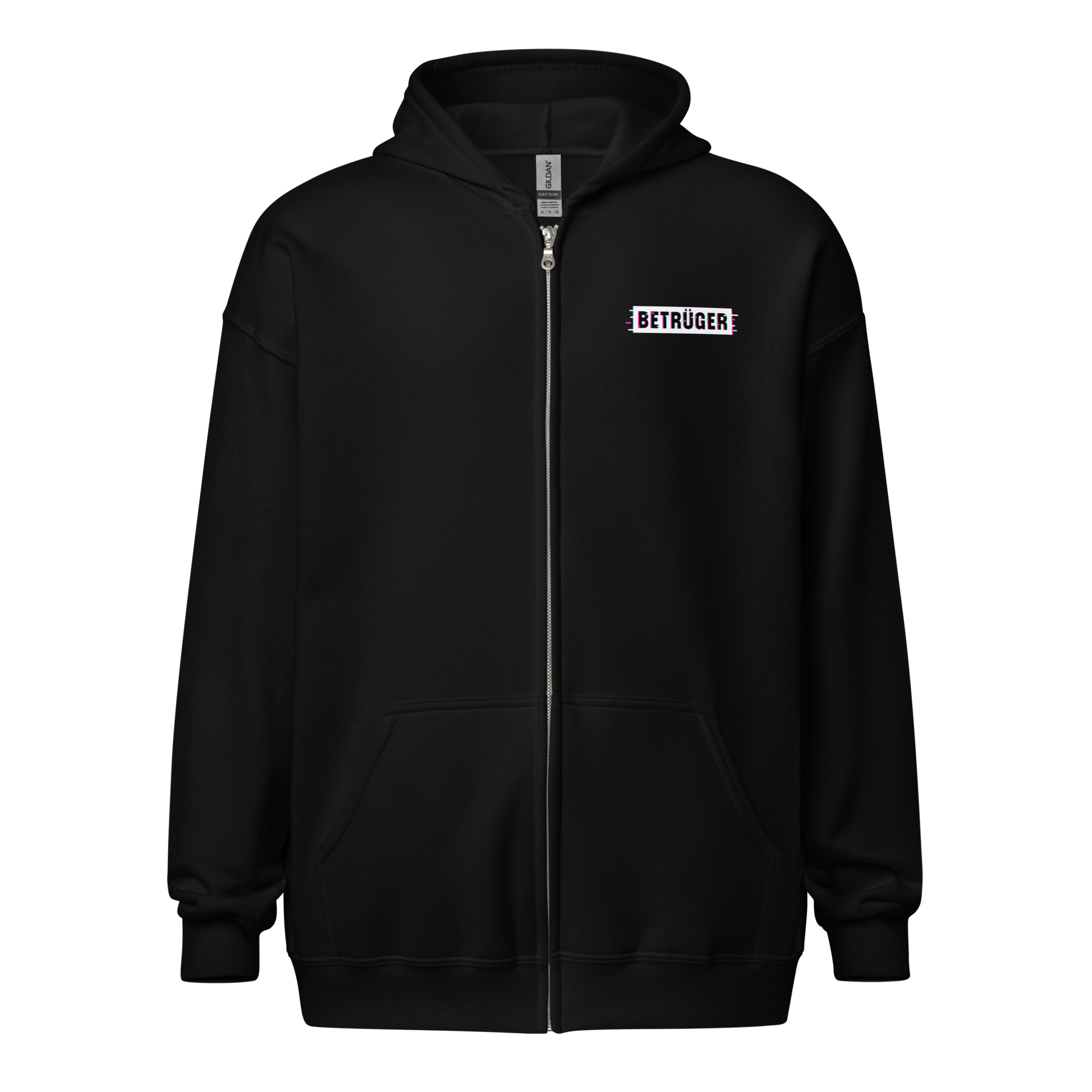 Front view of a black aln zip hoodie.