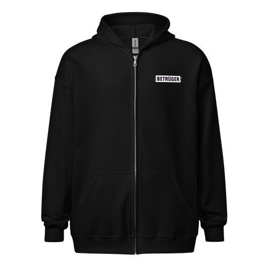 Front view of a black aln zip hoodie.