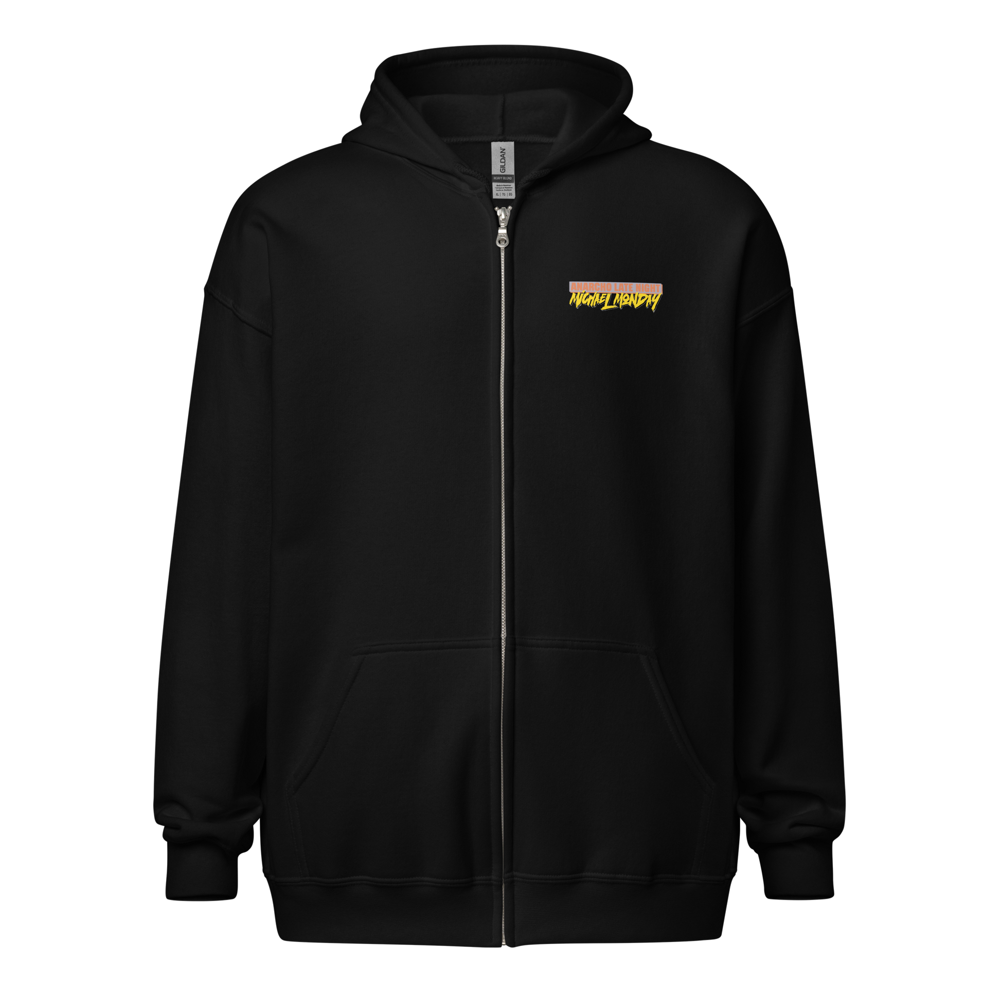 Front view of a black aln zip hoodie.