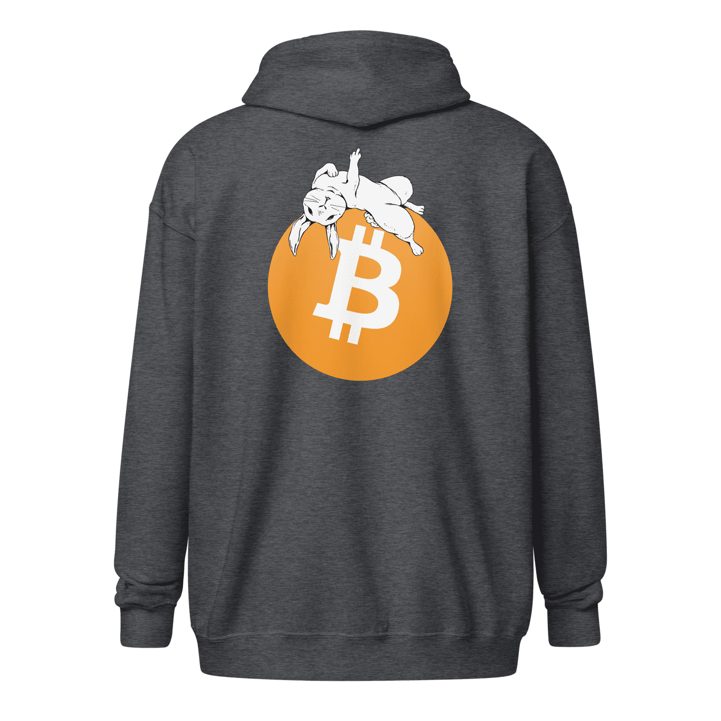Back view of a dark heather grey colored bitcoin zip hoodie.