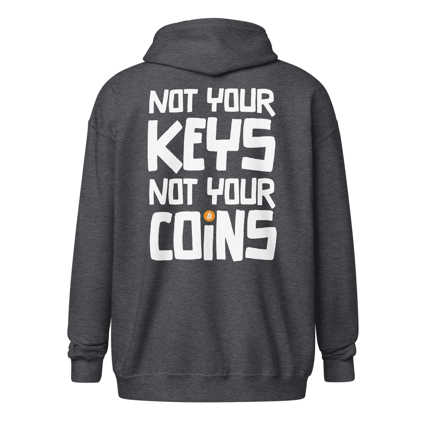 Back view of a dark heather grey colored bitcoin zip hoodie.