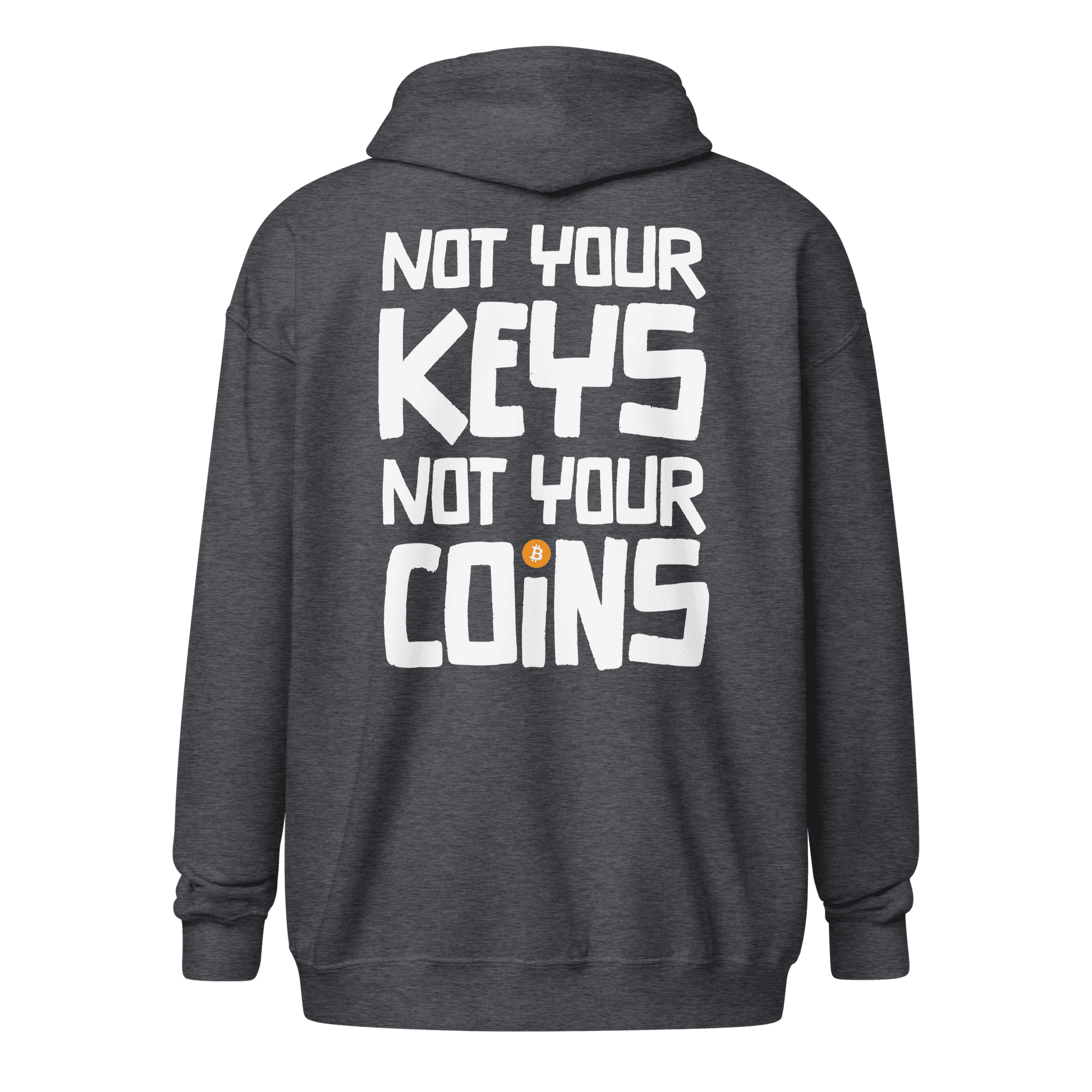 Back view of a dark heather grey colored bitcoin zip hoodie.