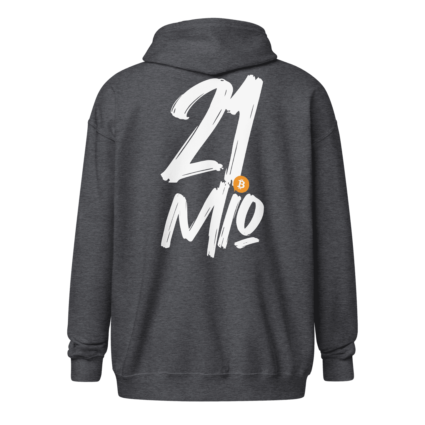 Back view of a dark heather grey colored bitcoin zip hoodie.
