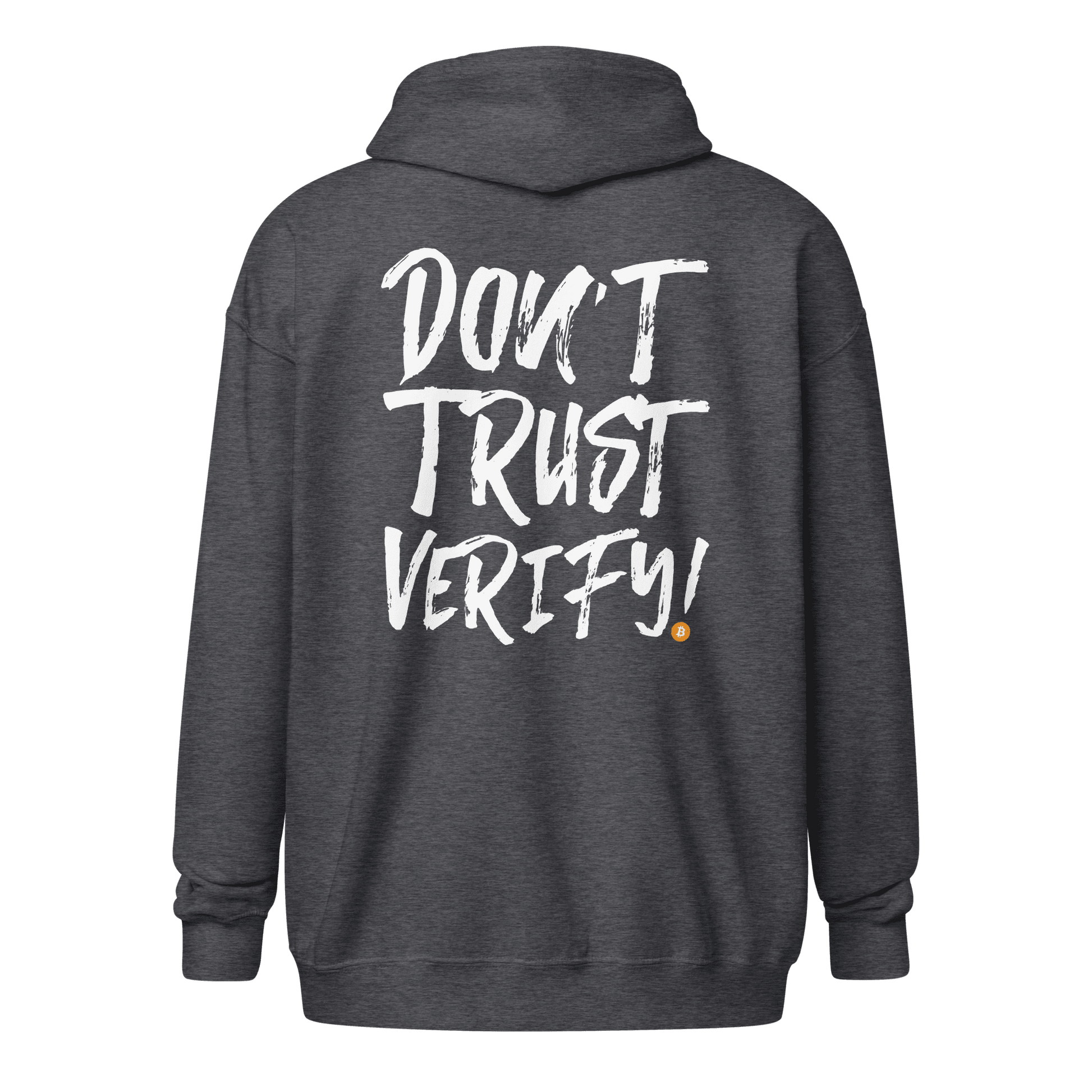 Back view of a dark heather grey colored bitcoin zip hoodie.