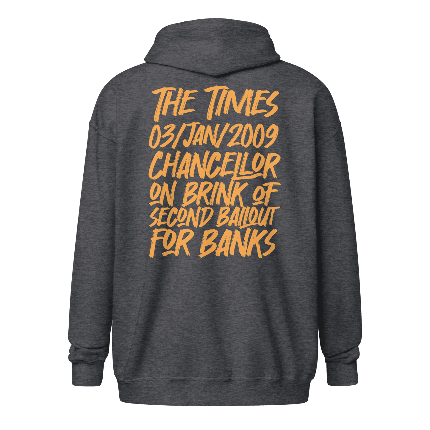 Back view of a dark heather grey colored bitcoin zip hoodie.