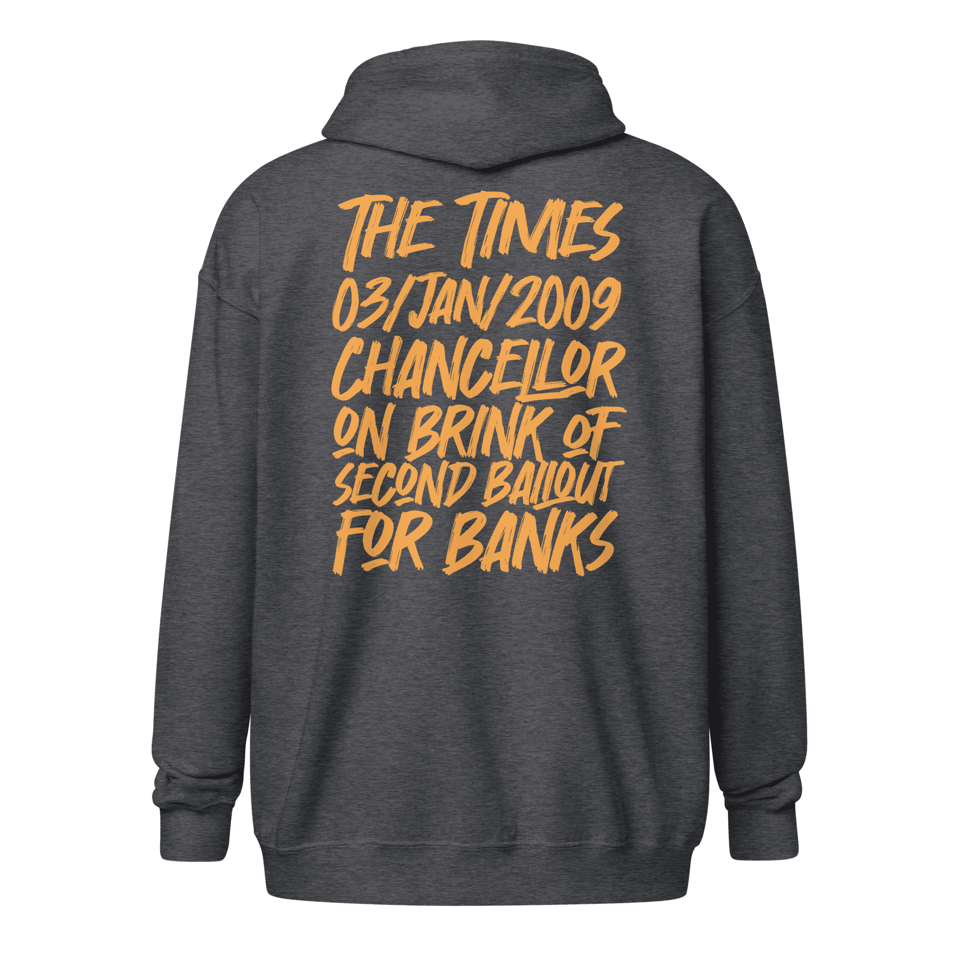 Back view of a dark heather grey colored bitcoin zip hoodie.