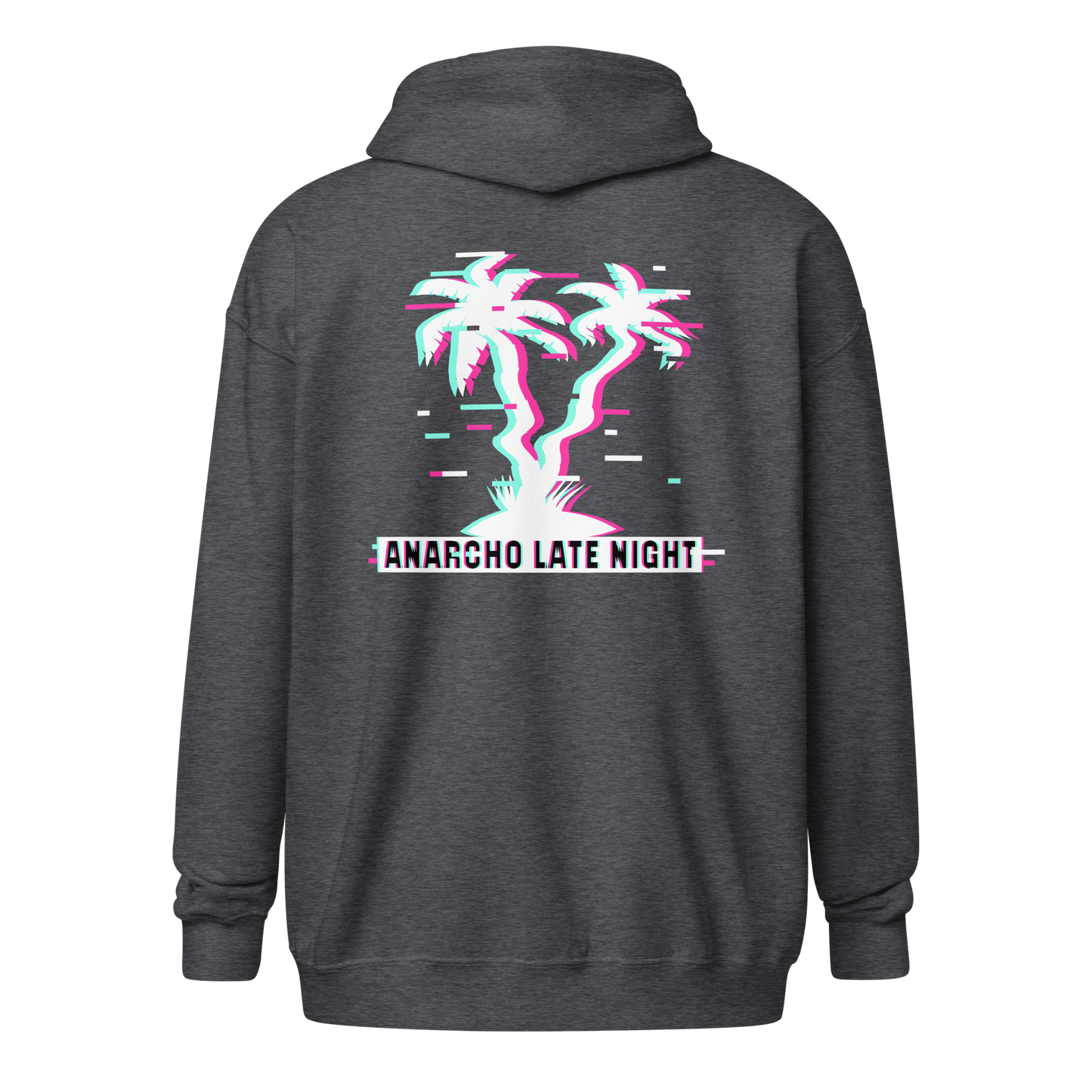 Back view of a dark heather grey colored aln zip hoodie.