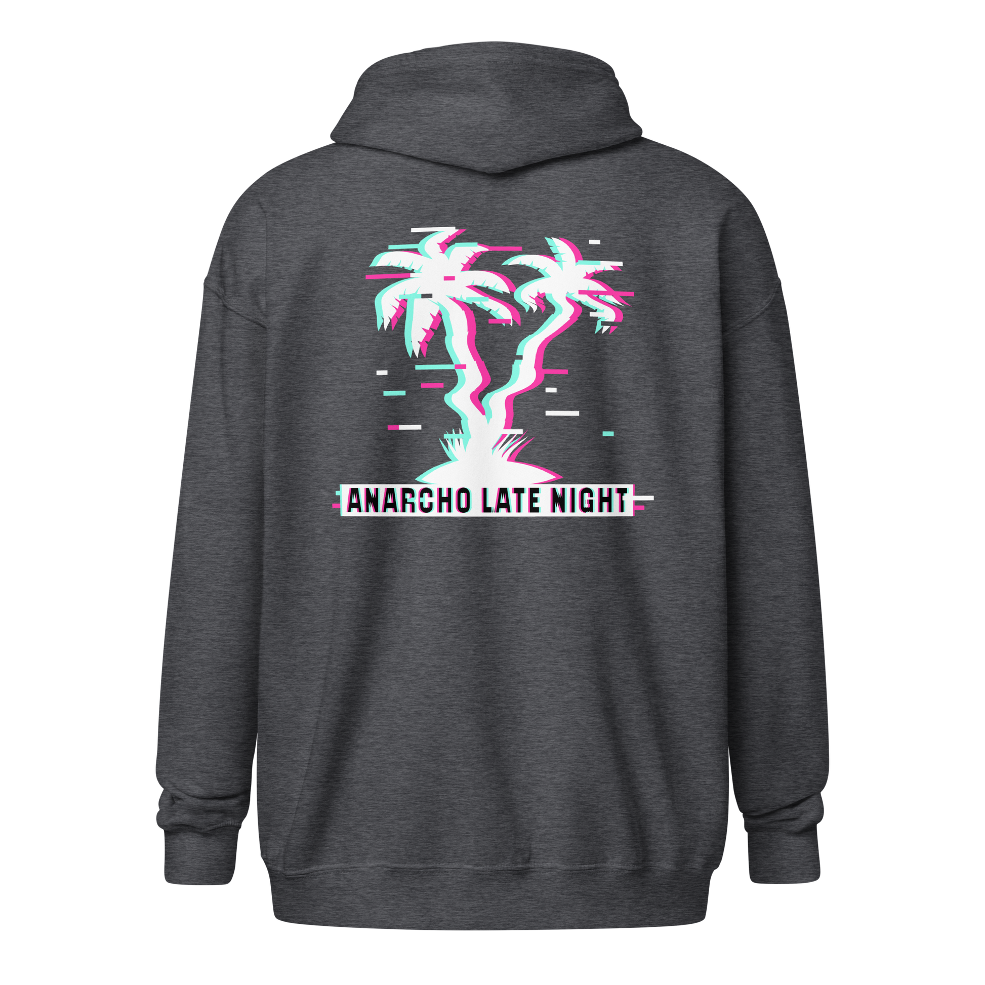 Back view of a dark heather grey colored aln zip hoodie.