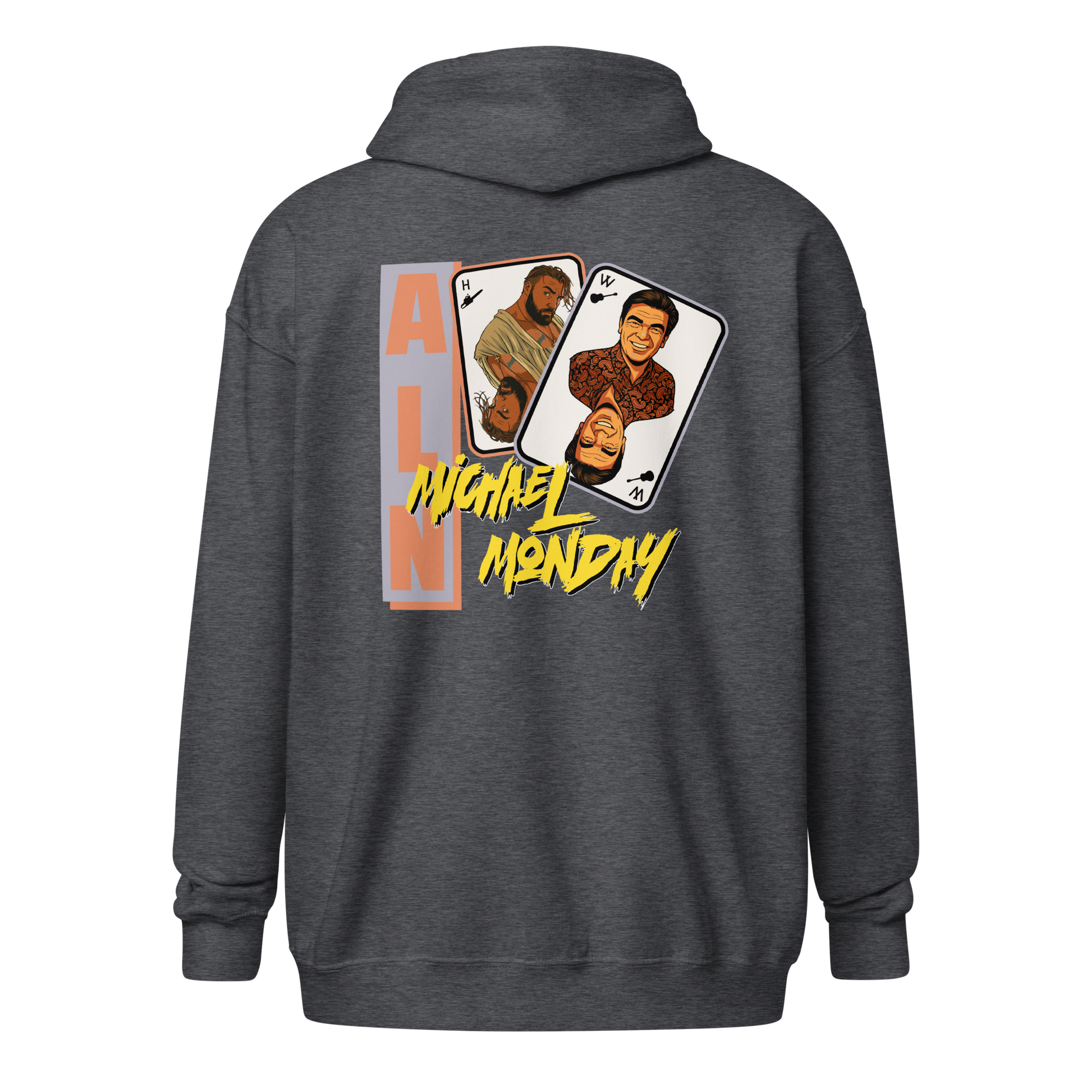 Back view of a dark heather grey colored aln zip hoodie.