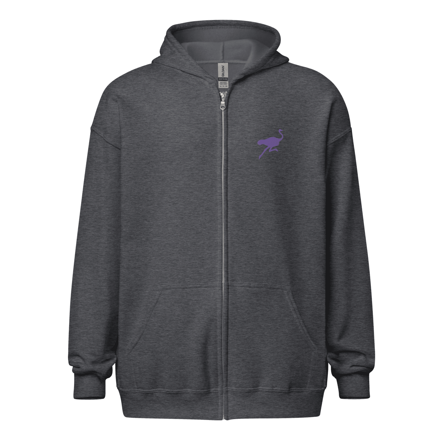 Front view of a dark heather grey embroidered nostr zip hoodie.