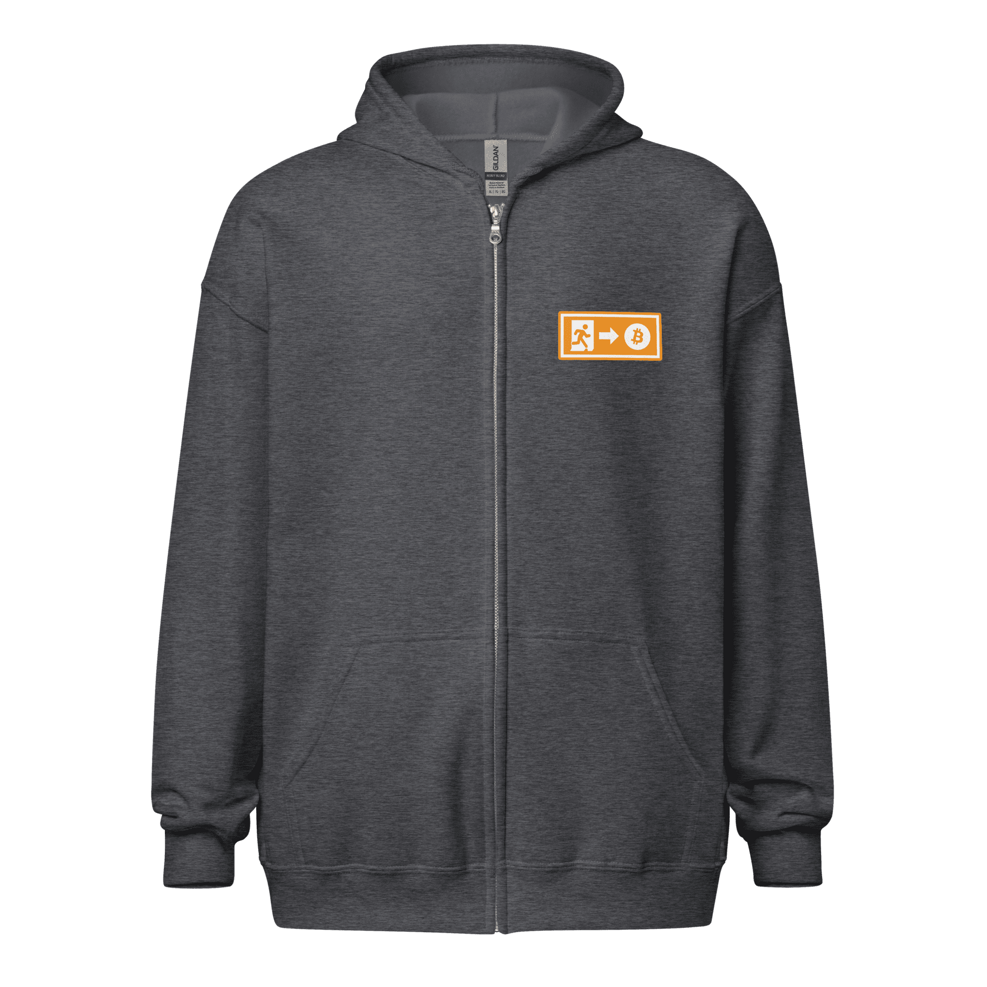 Front view of a dark heather grey colored bitcoin zip hoodie.