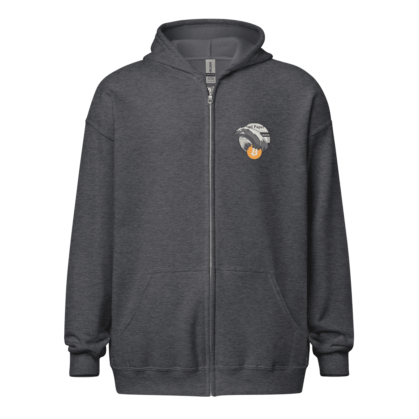 Front view of a dark heather grey colored bitcoin zip hoodie.
