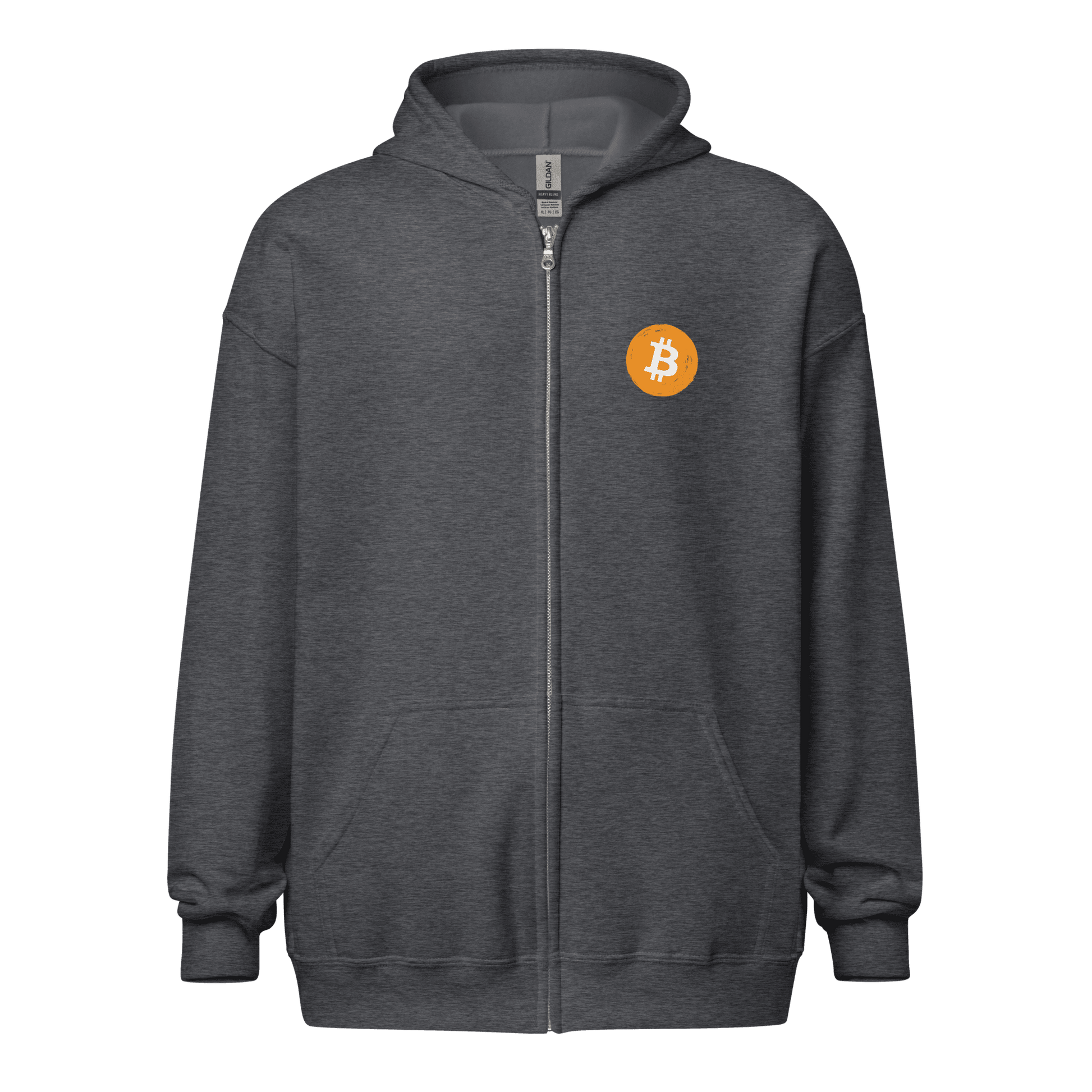 Front view of a dark heather grey colored bitcoin zip hoodie.