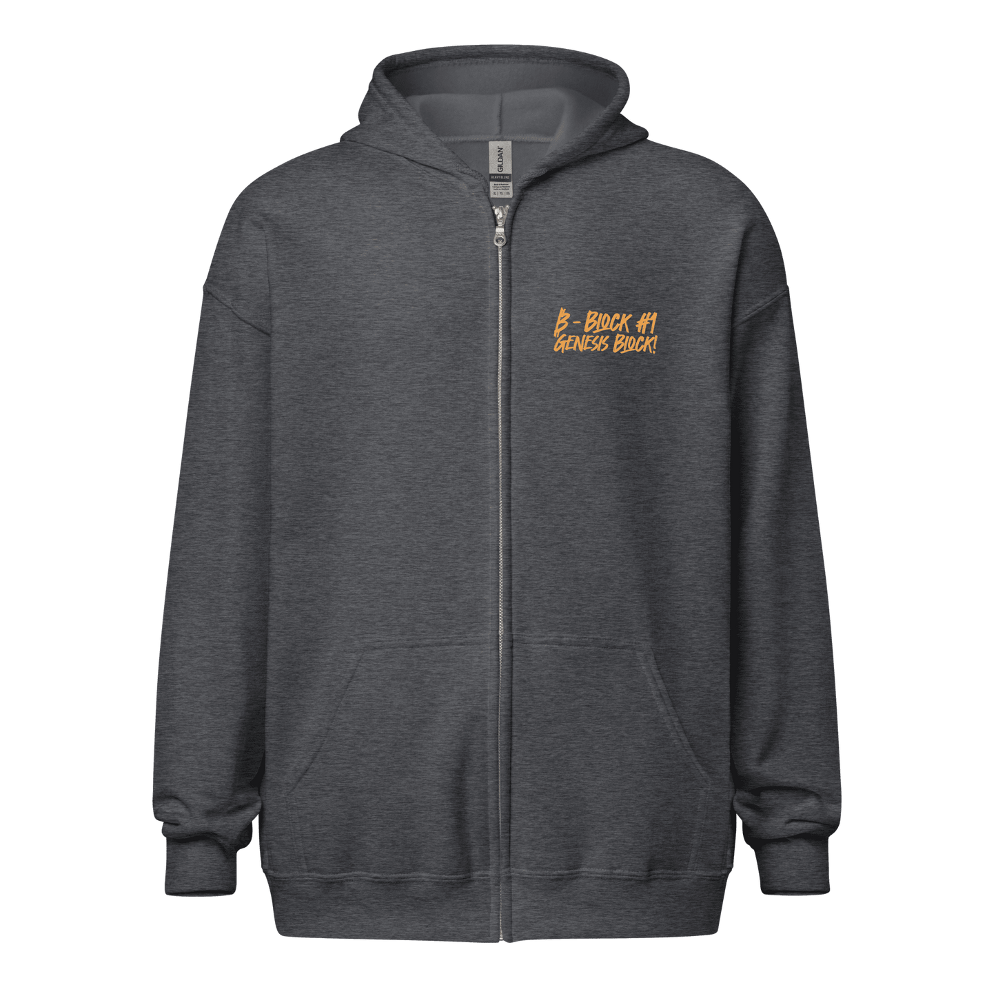 Front view of a dark heather grey colored bitcoin zip hoodie.