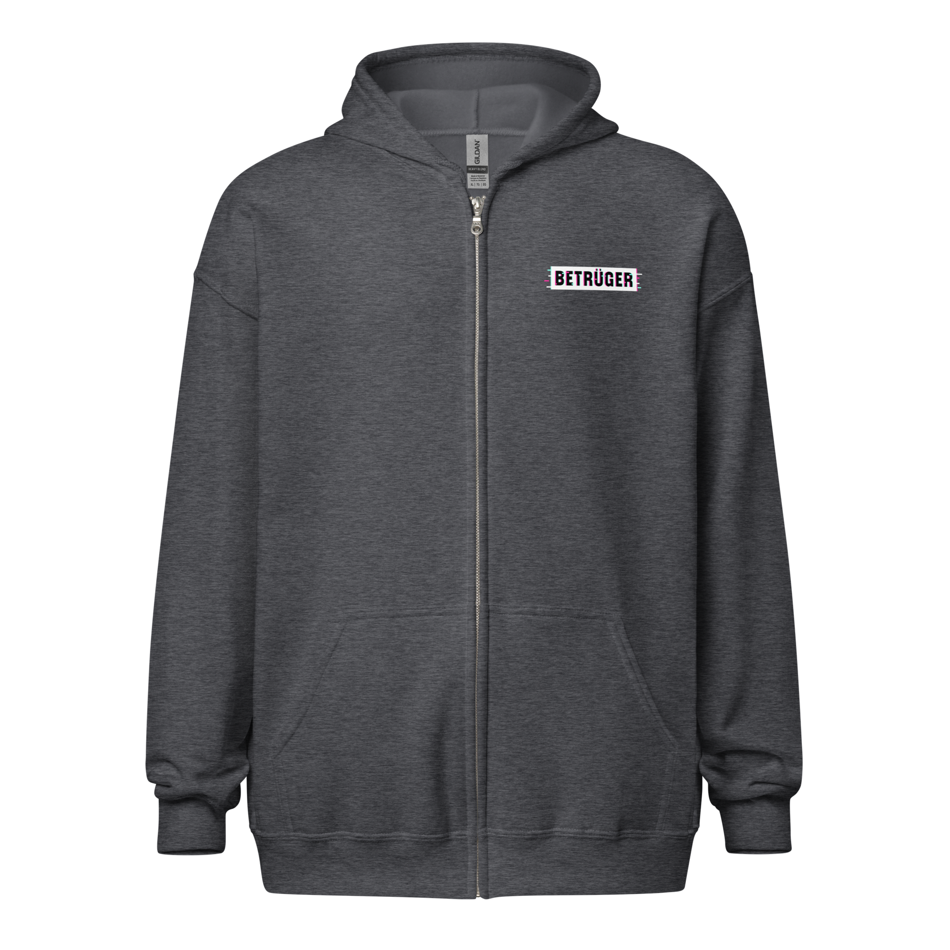 Front view of a dark heather grey colored aln zip hoodie.