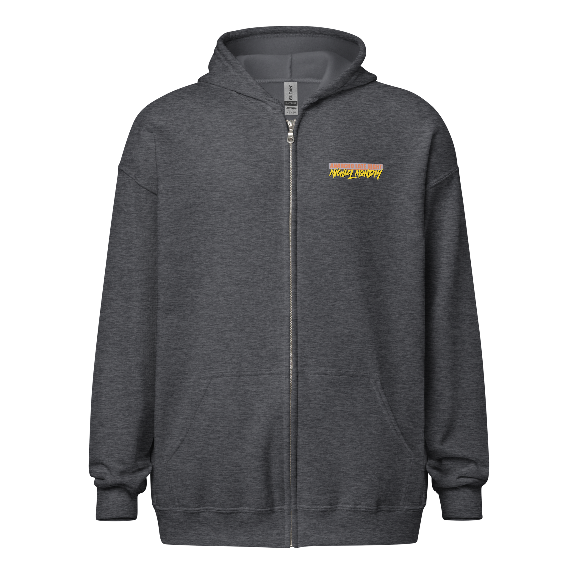 Front view of a dark heather grey colored aln zip hoodie.