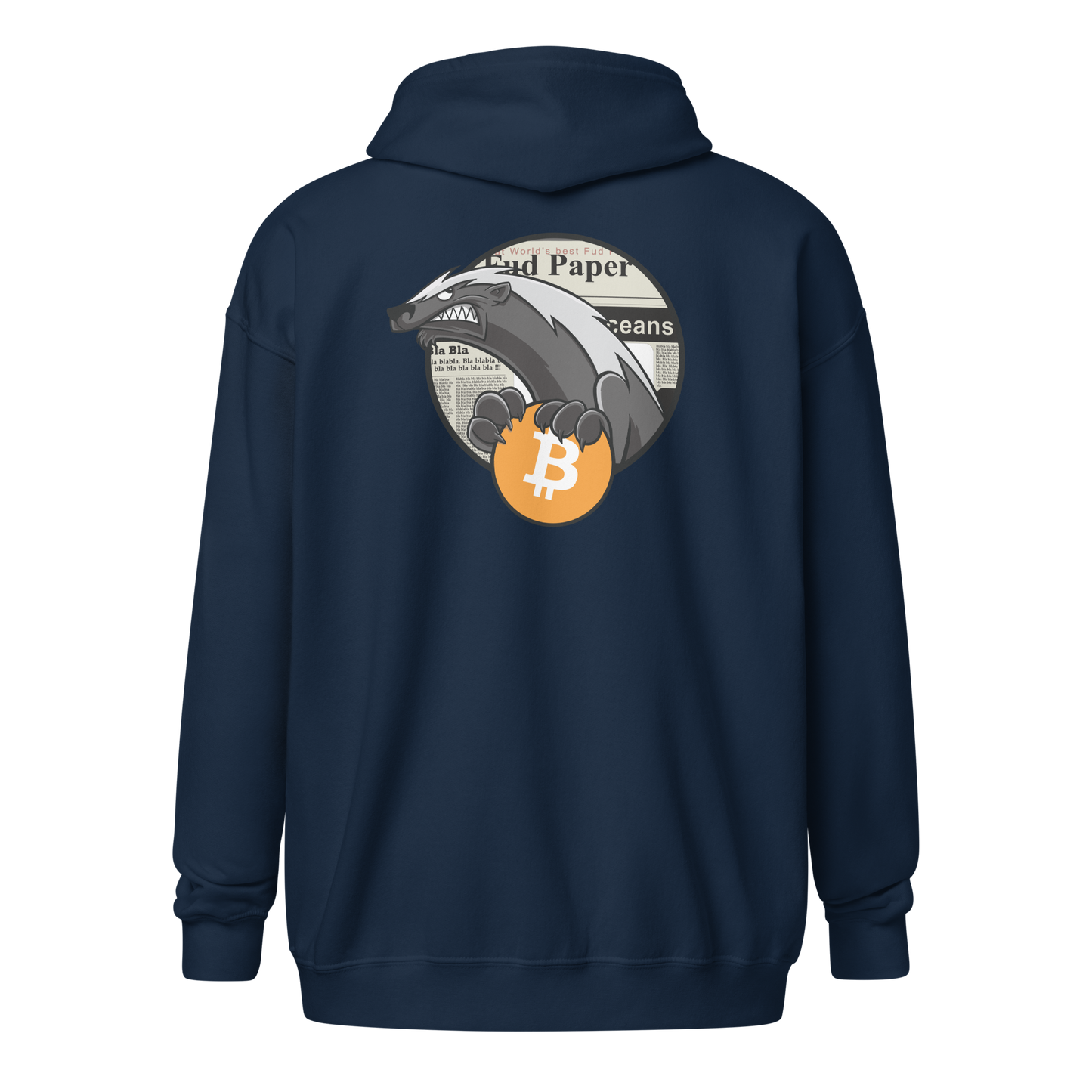 Back view of a navy colored bitcoin zip hoodie.