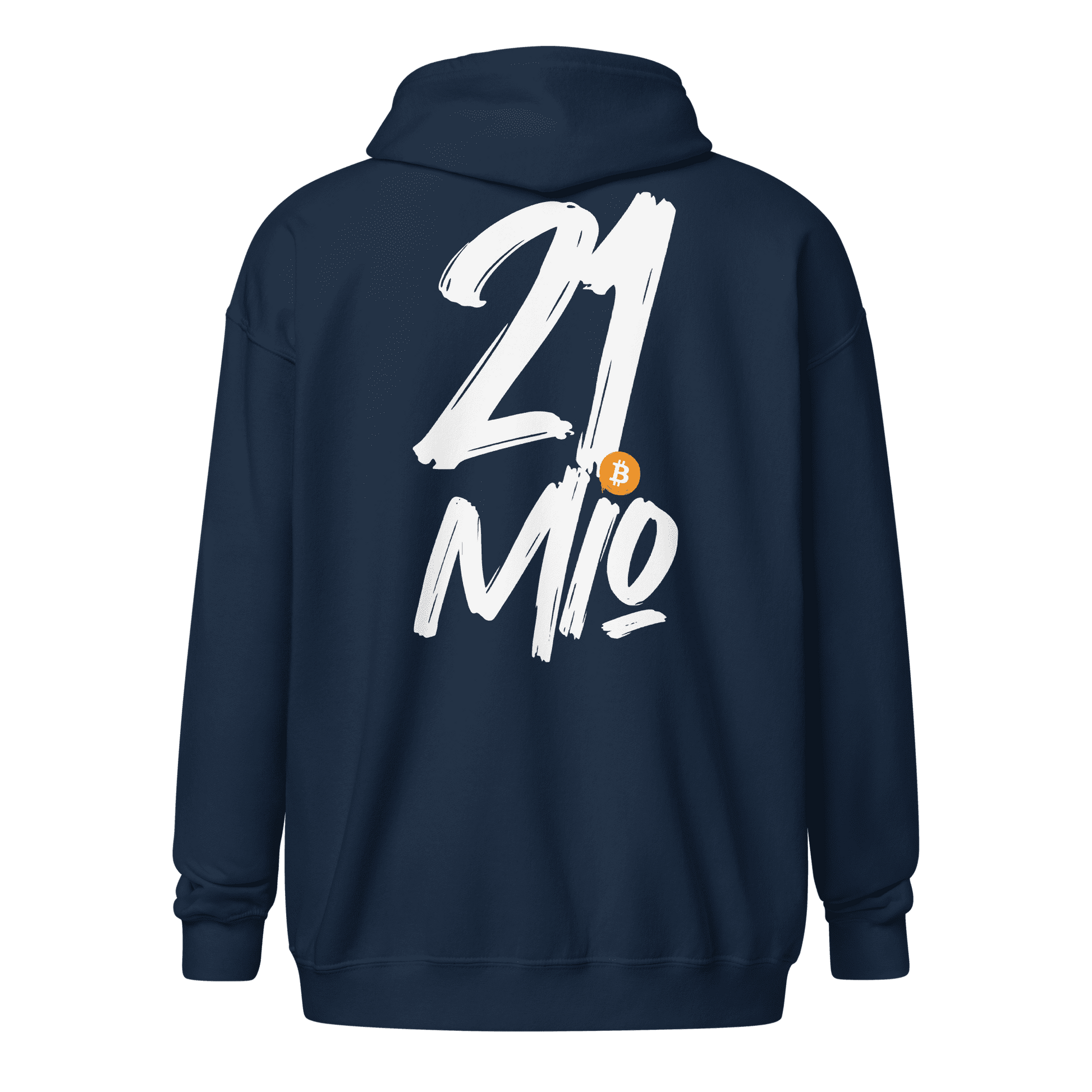 Back view of a navy colored bitcoin zip hoodie.
